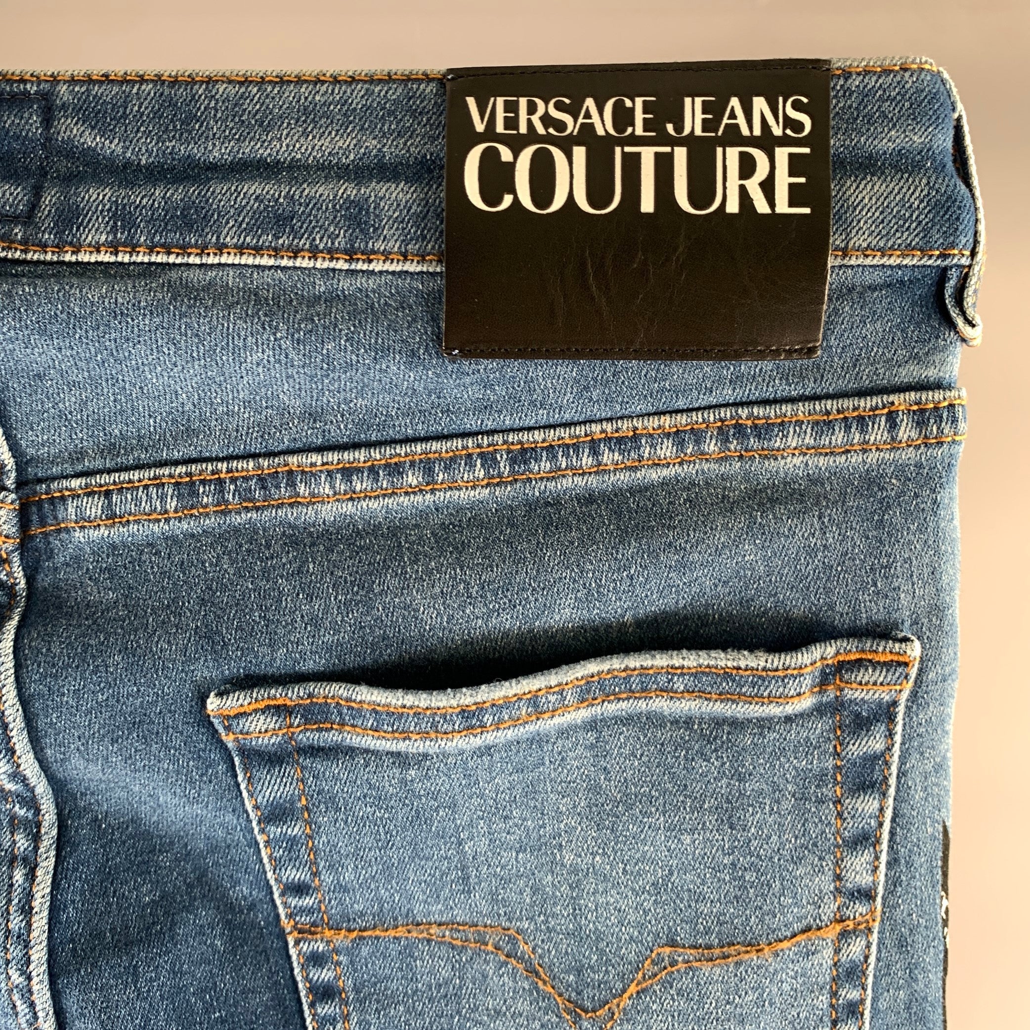 VERSACE Size 28 Medium Wash Bandana Cotton Blend Skinny Jeans - Image 4