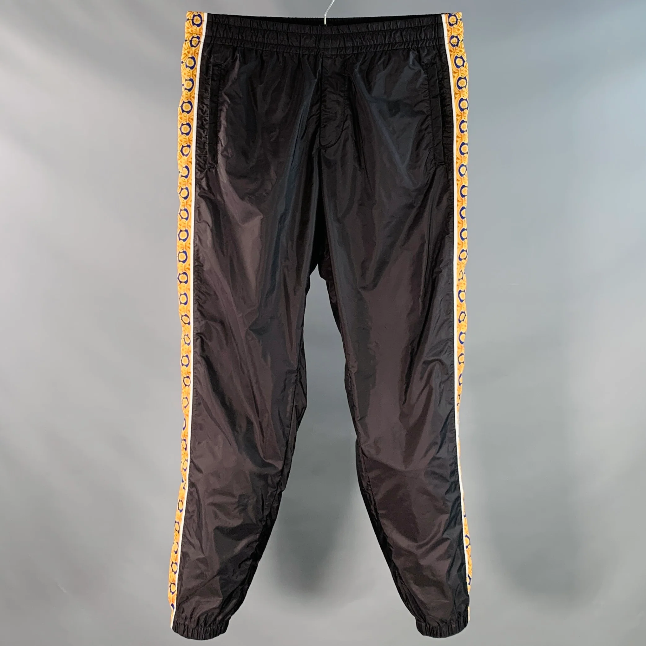 VERSACE Size 36 Black Blue Gold Vertical Stripe Nylon Sweatpants Casual Pants