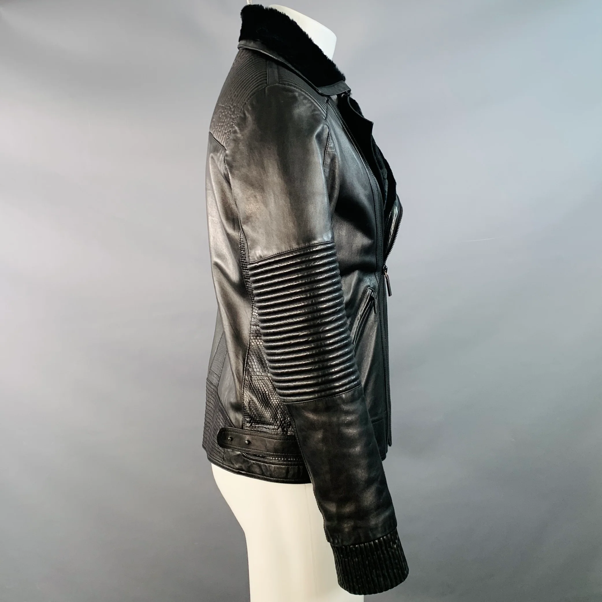 VERSACE Size 38 Black Leather Faux Shearling Motorcycle Jacket - Image 3