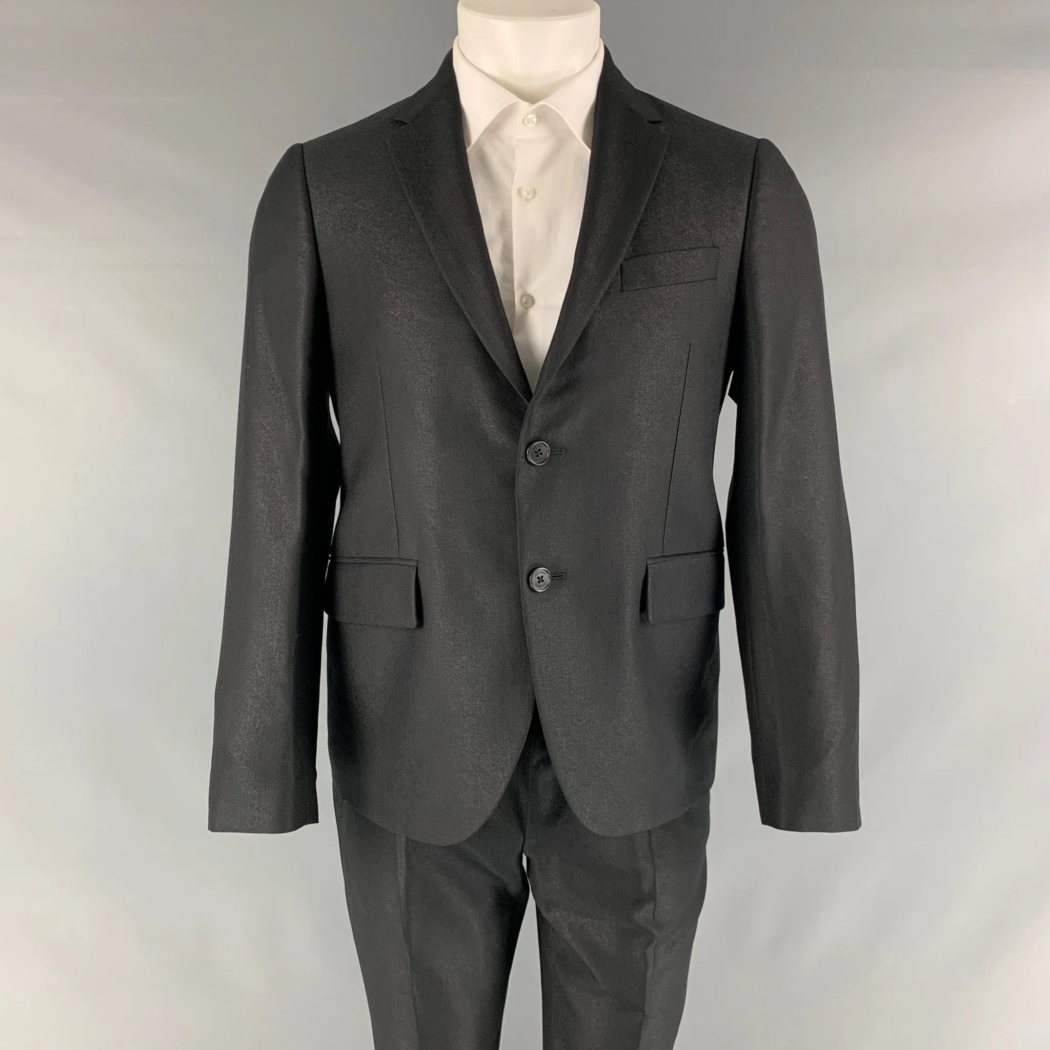 VERSACE Size 38 Black Solid Wool Silk Notch Lapel Suit