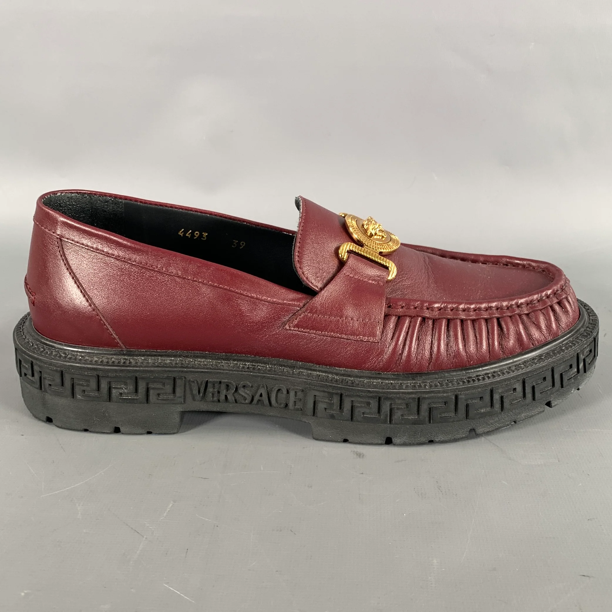 VERSACE Size 8 Burgundy Gold Medusa Leather Loafers - Image 2