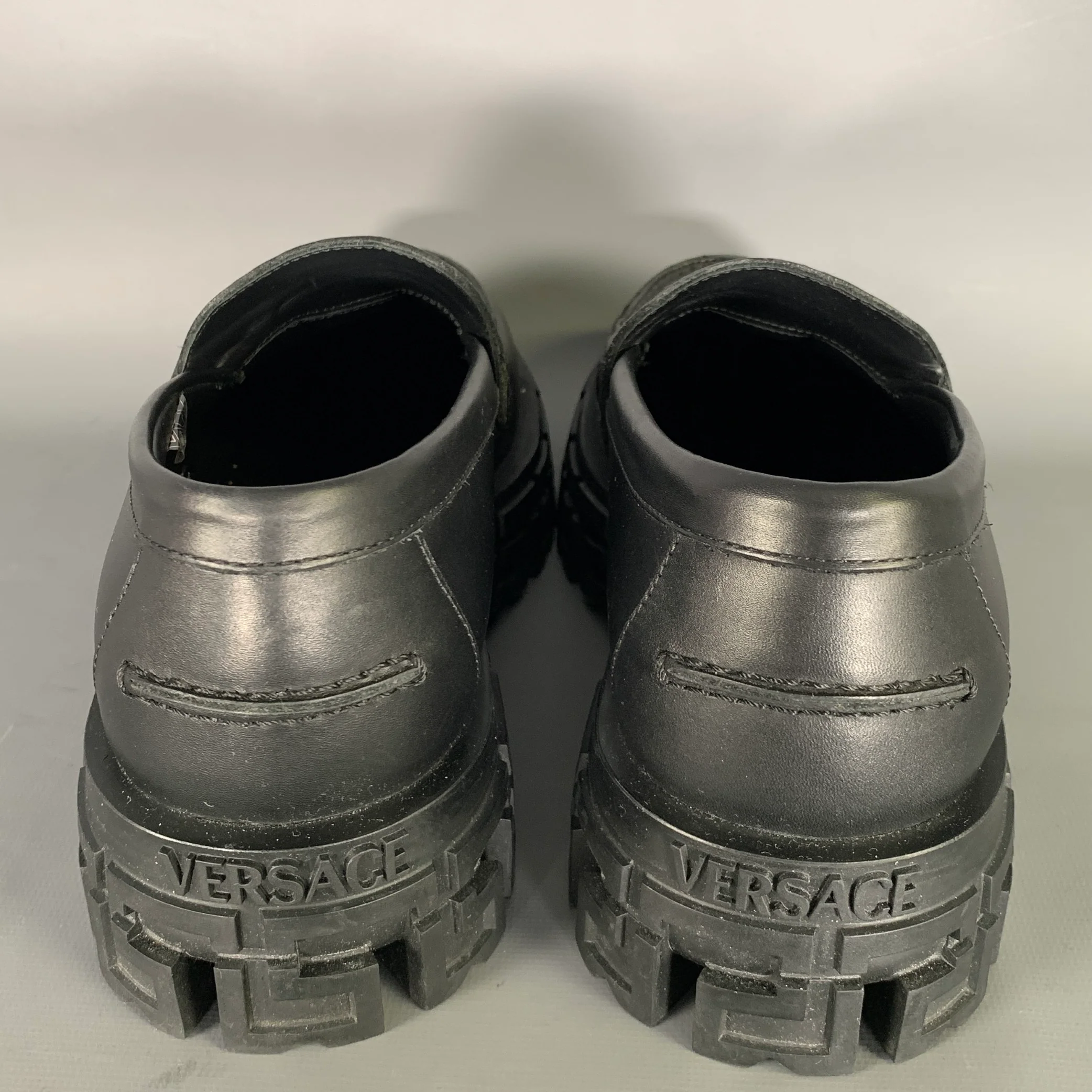 VERSACE Size 9 Black Gold Leather Textured Platform Flats - Image 3