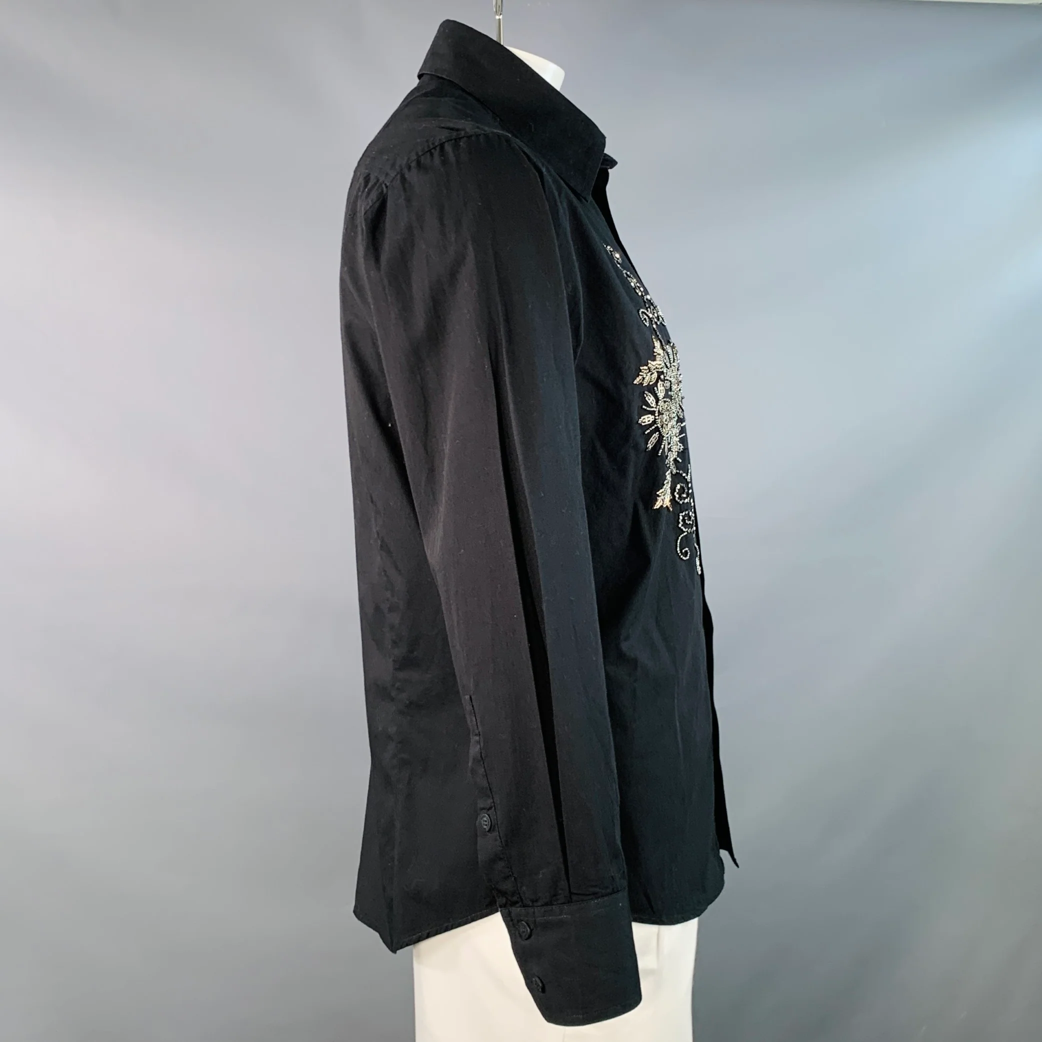 VERSACE Size L Black Gold Beaded Floral Cotton Button Up Long Sleeve Shirt - Image 3