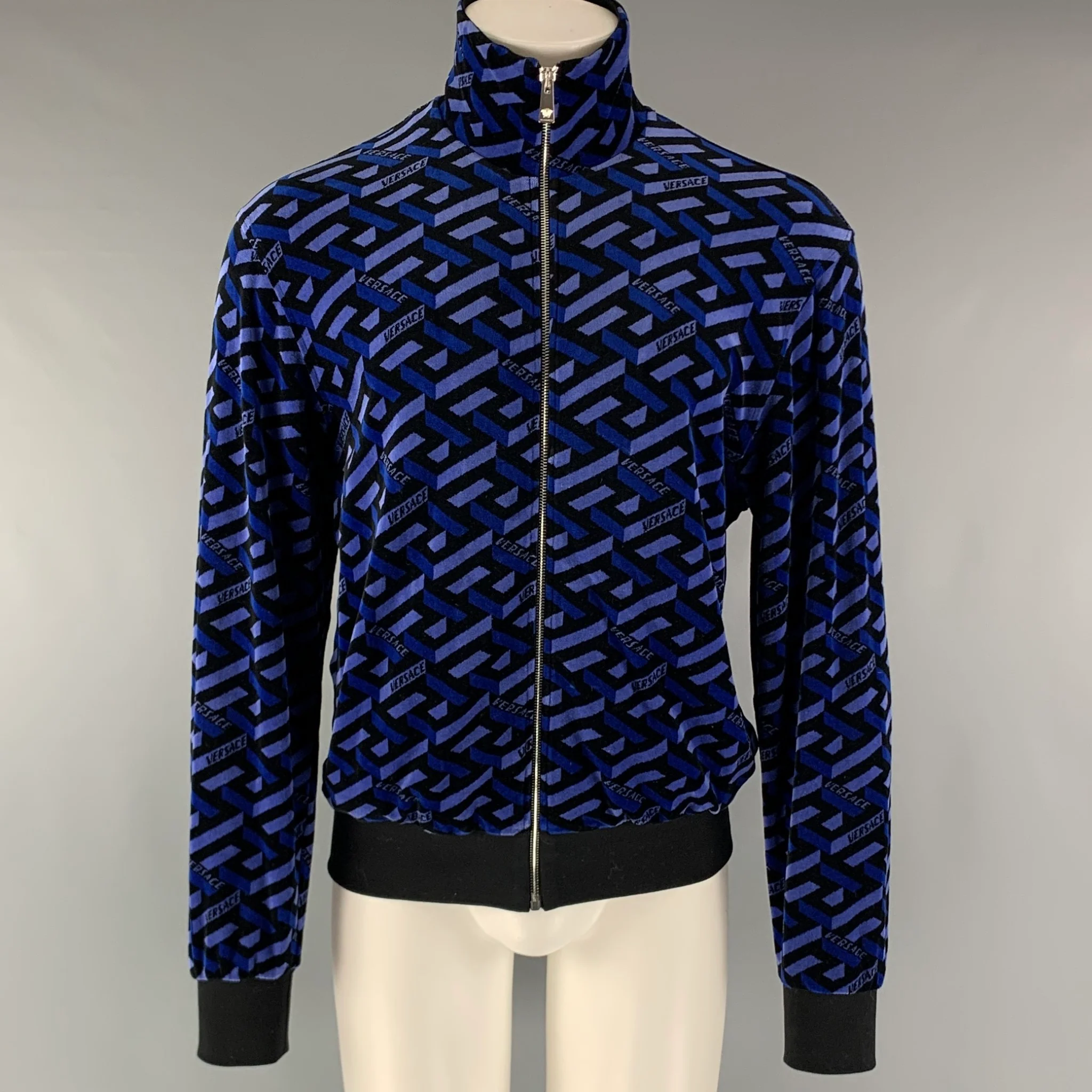 VERSACE Size M Black Blue Logo Cotton Zip Up Jacket