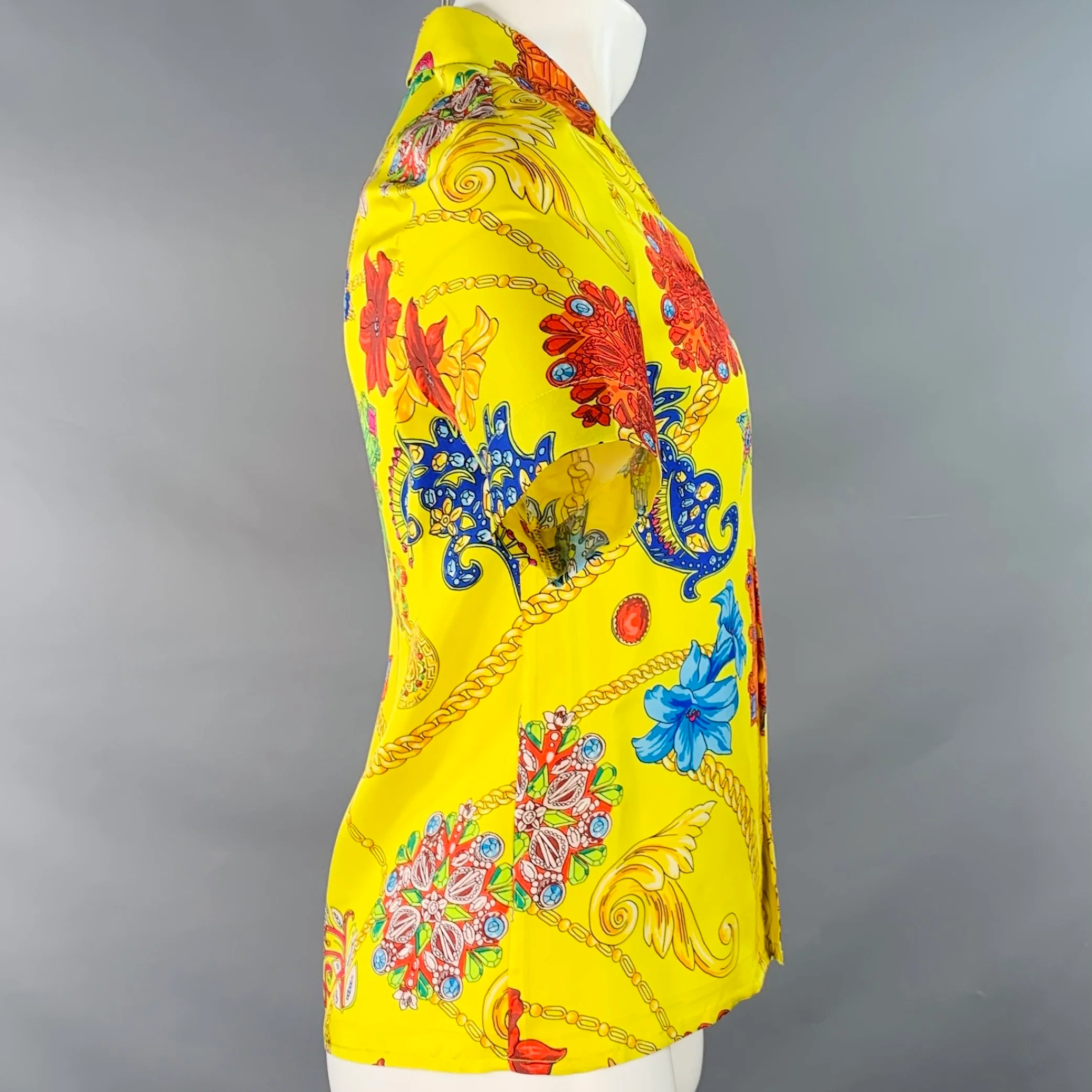 VERSACE Size M Yellow Multi Color Baroque Twill Short Sleeve Shirt - Image 3