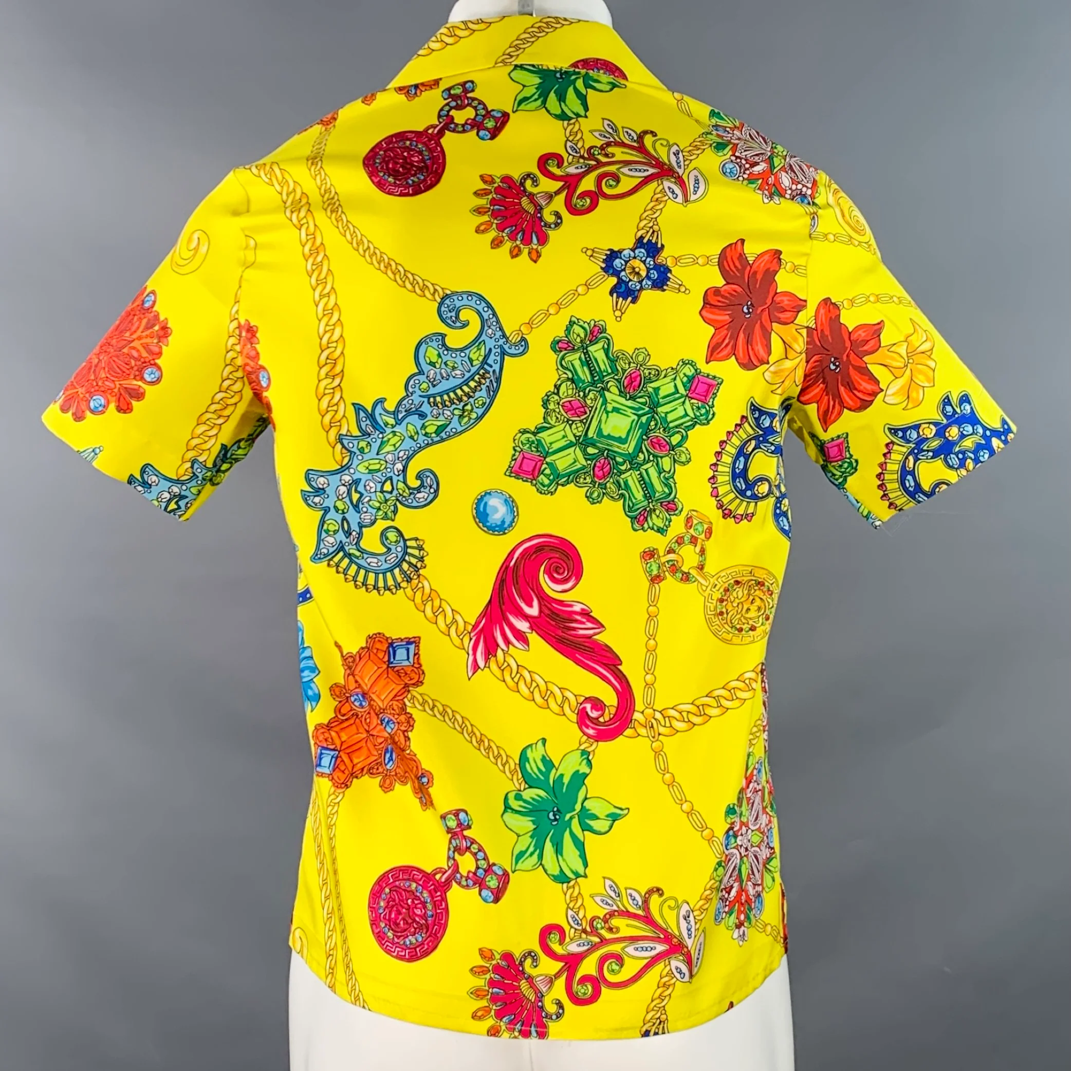 VERSACE Size M Yellow Multi Color Baroque Twill Short Sleeve Shirt - Image 4
