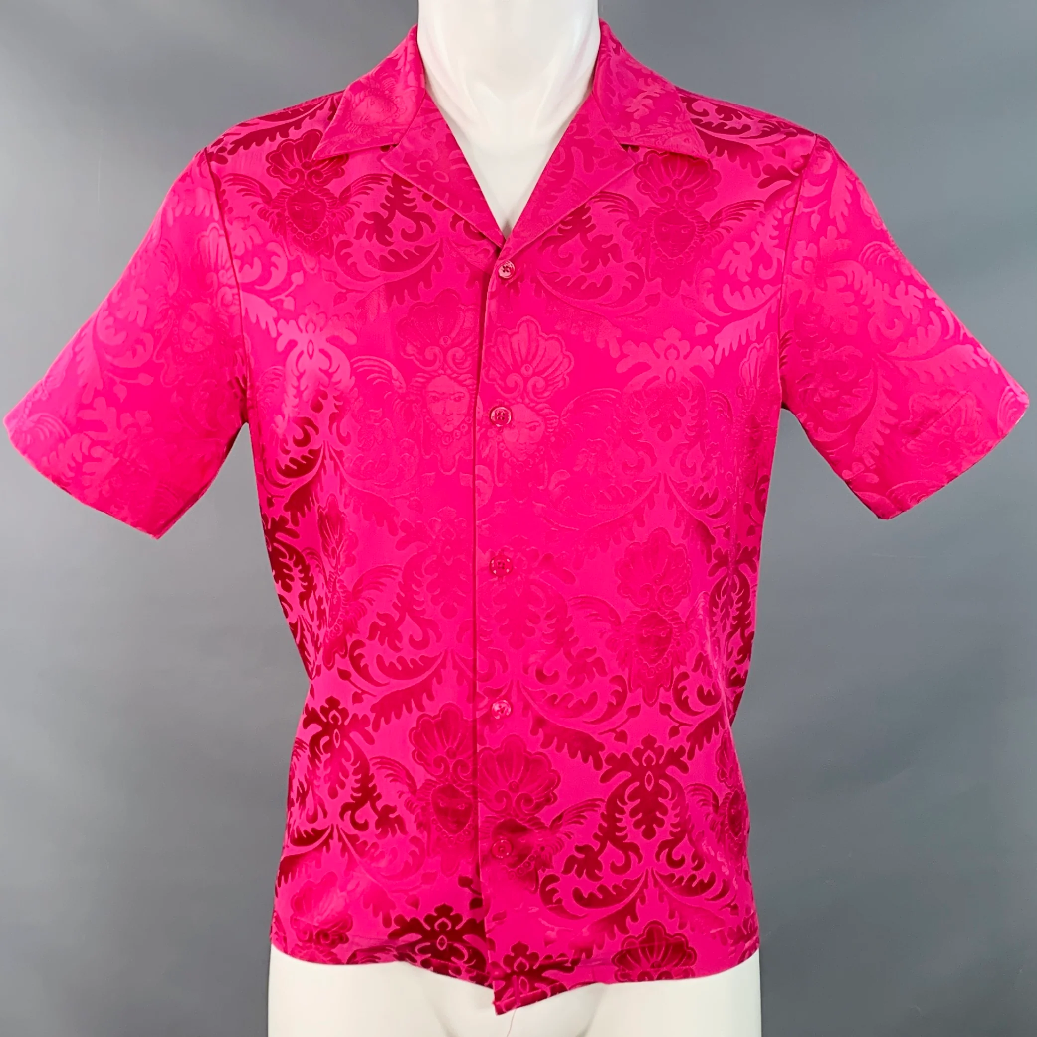 VERSACE Size S Pink Fuchsia Damask Silk Camp Short Sleeve Shirt