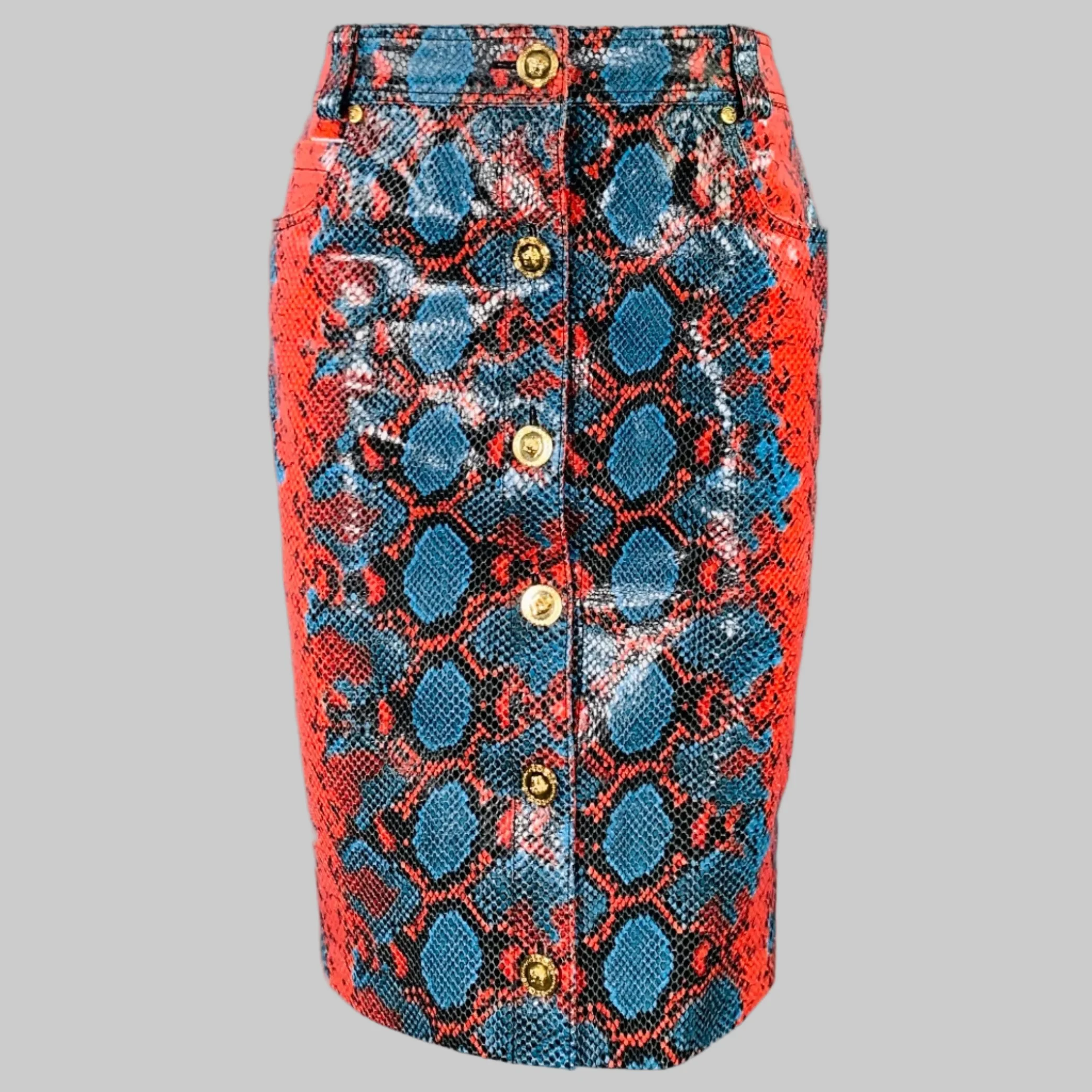 VERSACE Size S Red Blue Leather Snake Embossed Pencil Skirt