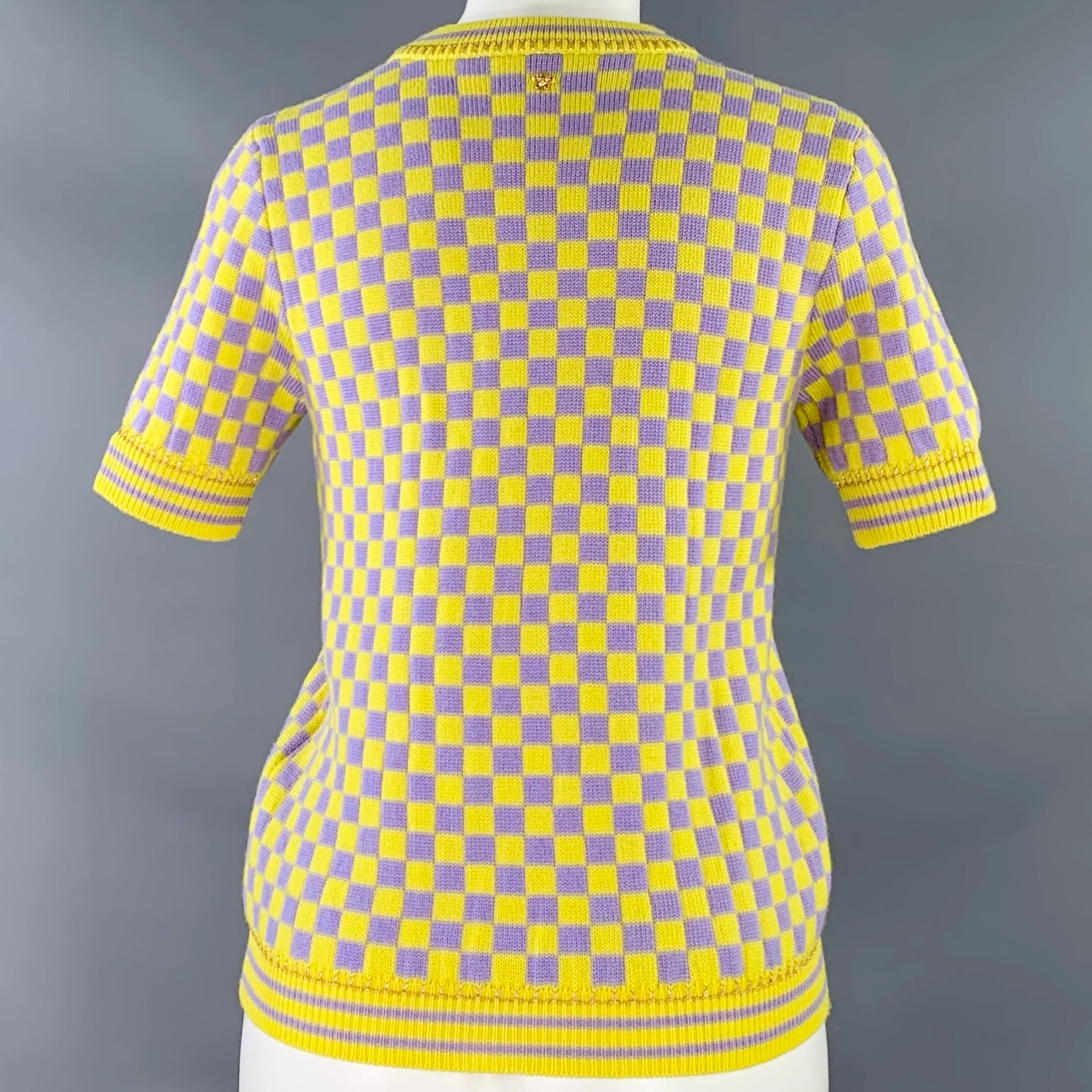 VERSACE Size S Yellow Lavender Wool Blend Checkered Crew Neck Casual Top - Image 4