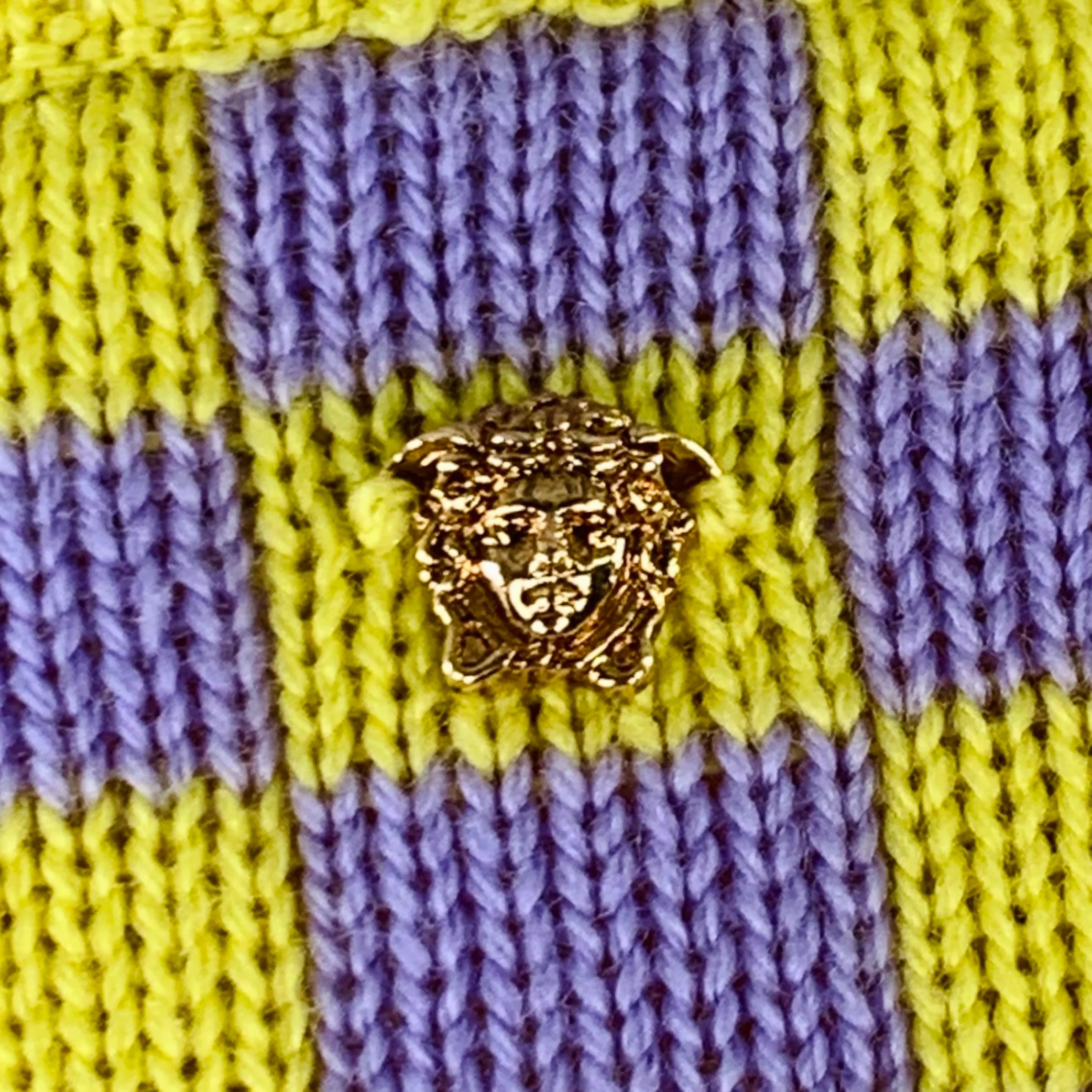 VERSACE Size S Yellow Lavender Wool Blend Checkered Crew Neck Casual Top - Image 5