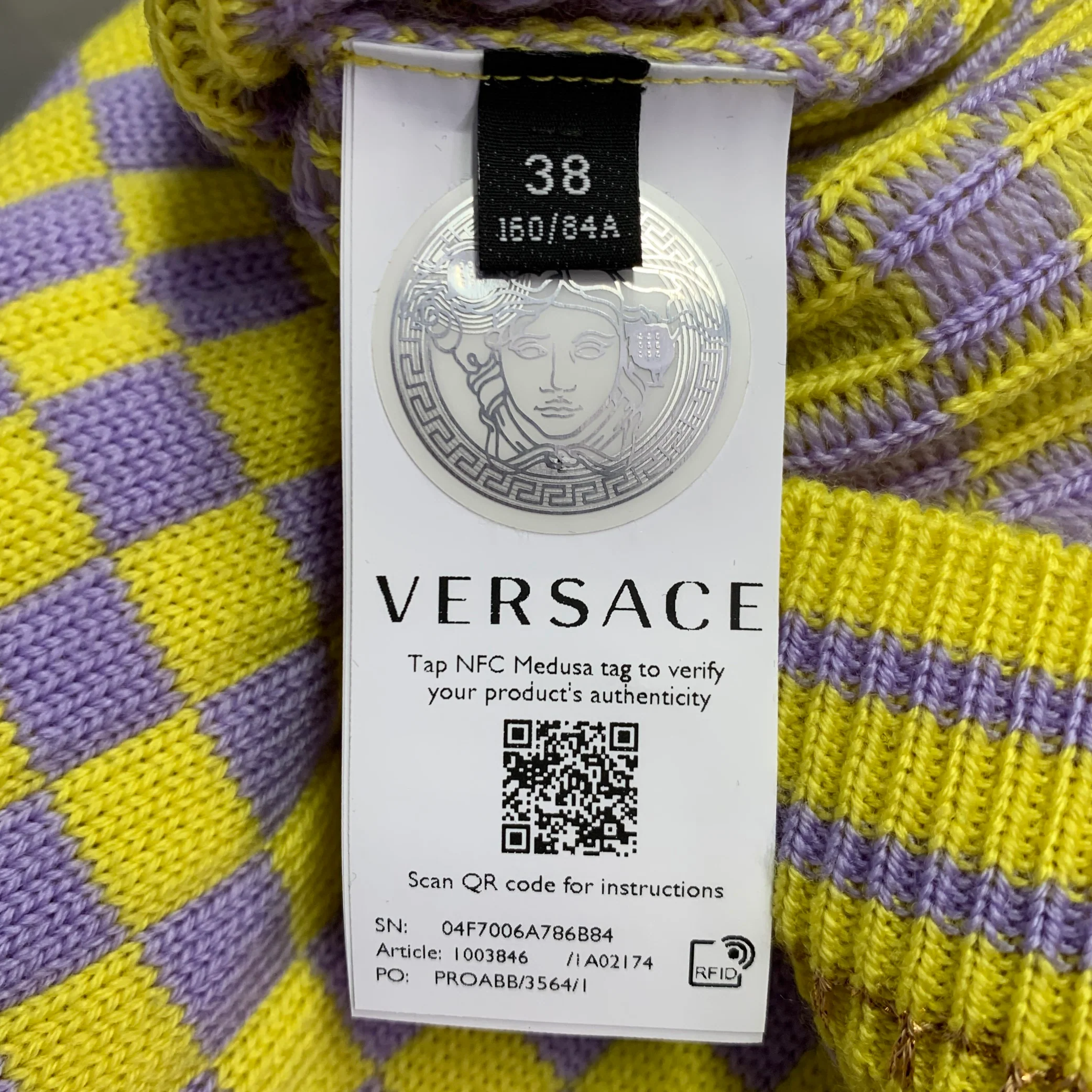 VERSACE Size S Yellow Lavender Wool Blend Checkered Crew Neck Casual Top - Image 7