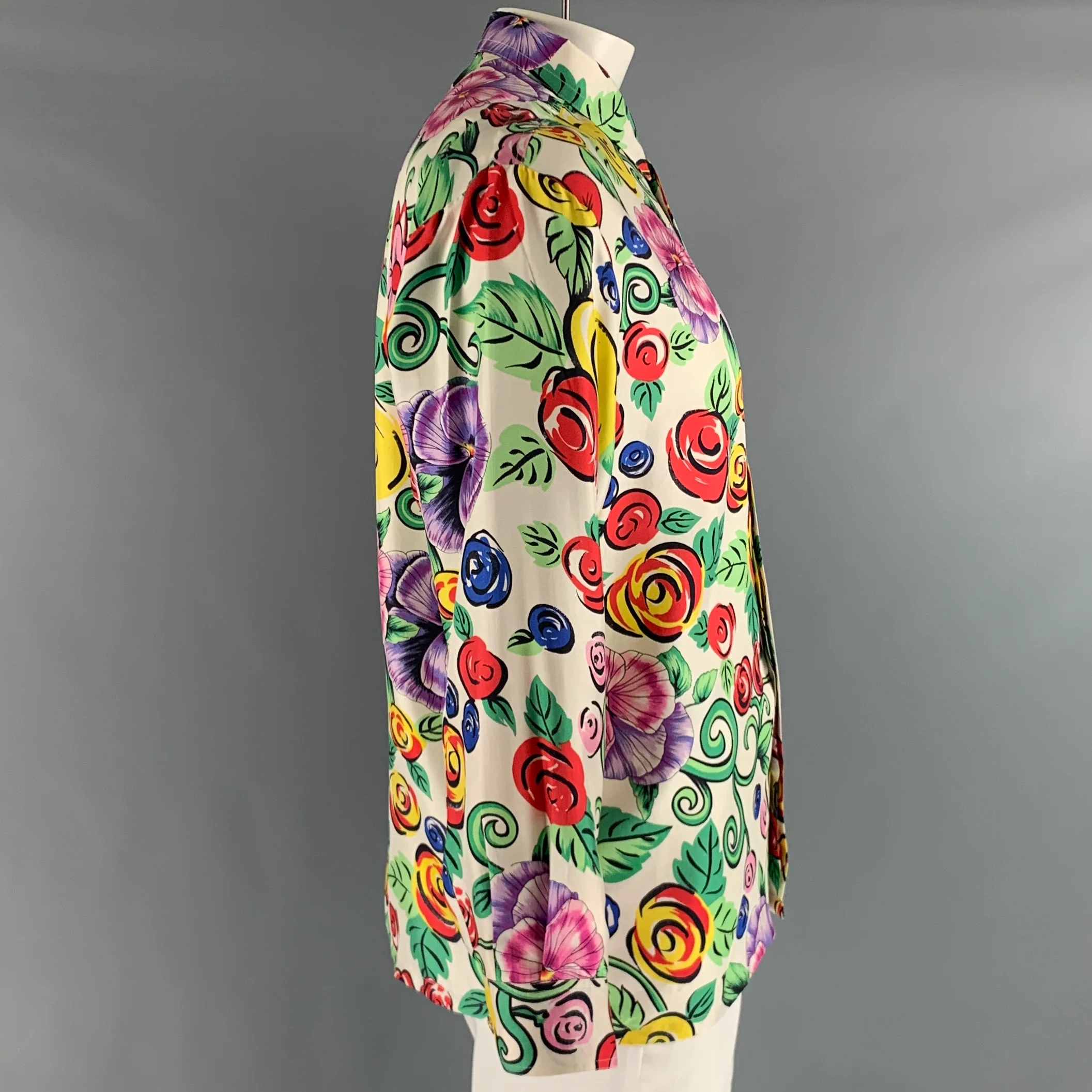 VERSUS by GIANNI VERSACE Size M White Multi-Color Floral Silk Long Sleeve Shirt - Image 3