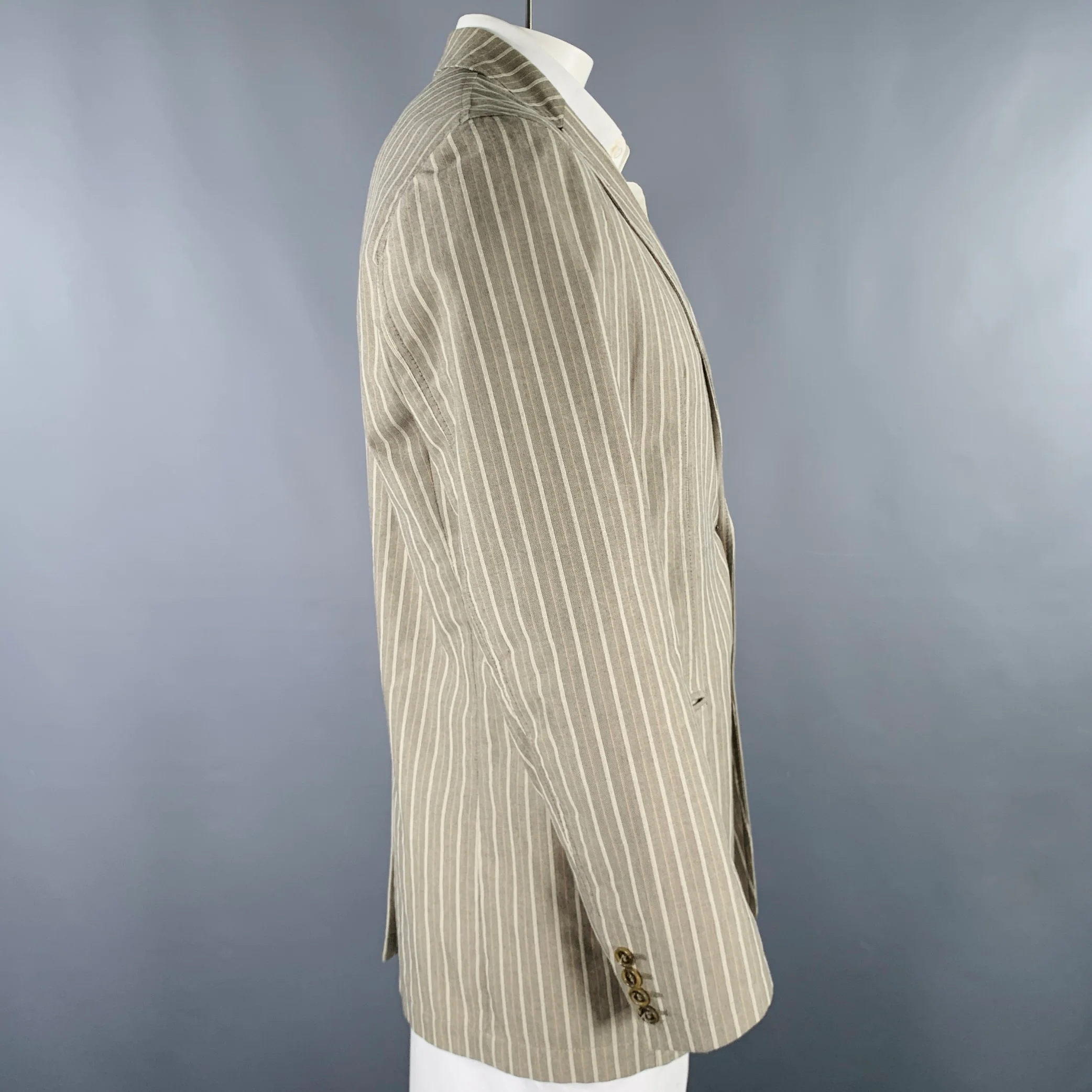 VESTIMENTA Size 42 Taupe White Stripe Cotton Notch Lapel Sport Coat - Image 3
