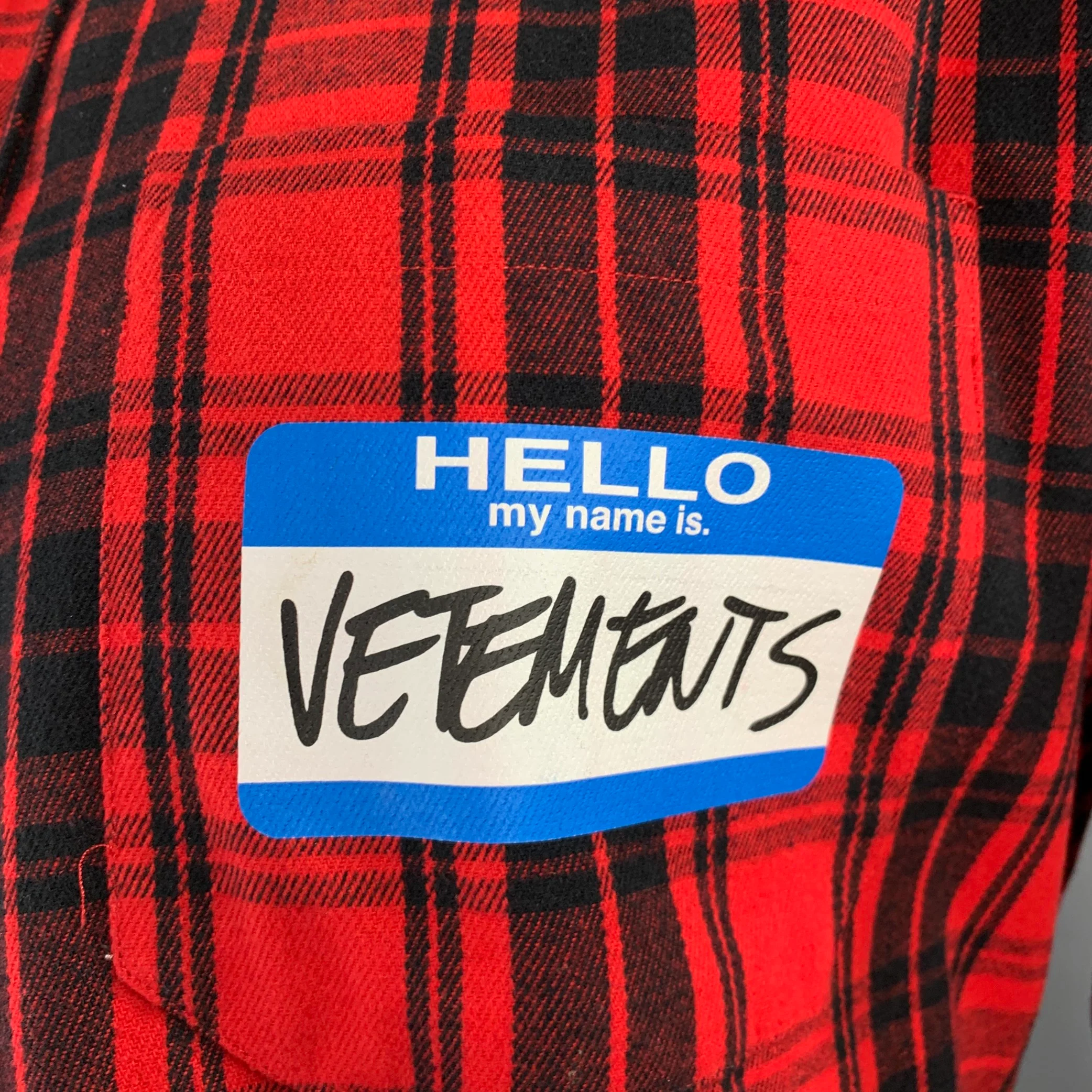 VETEMENTS Size XS -My Name Is- Red Black Plaid Cotton Blend Long Sleeve Shirt - Image 2