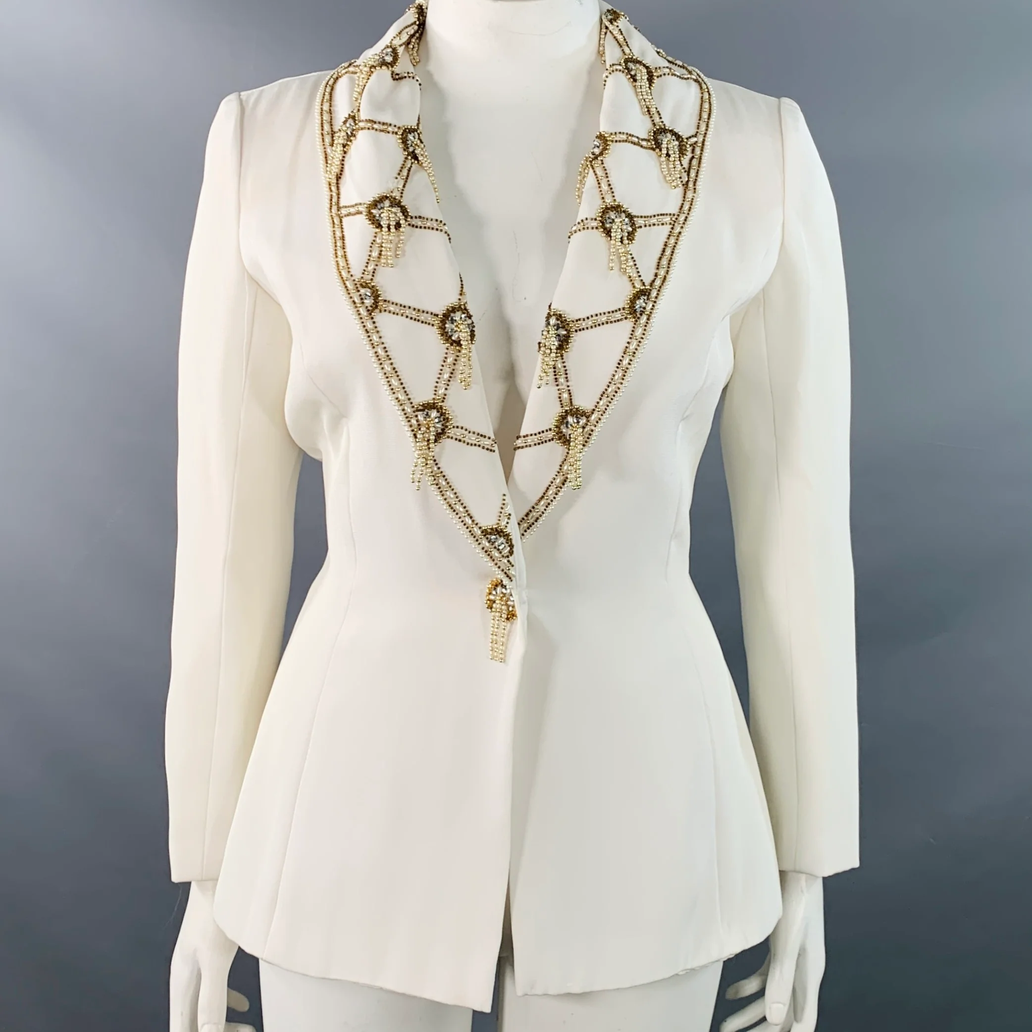 VICTORIA ROYAL Size 12 Cream Polyester Beaded Shawl Collar Jacket Blazer