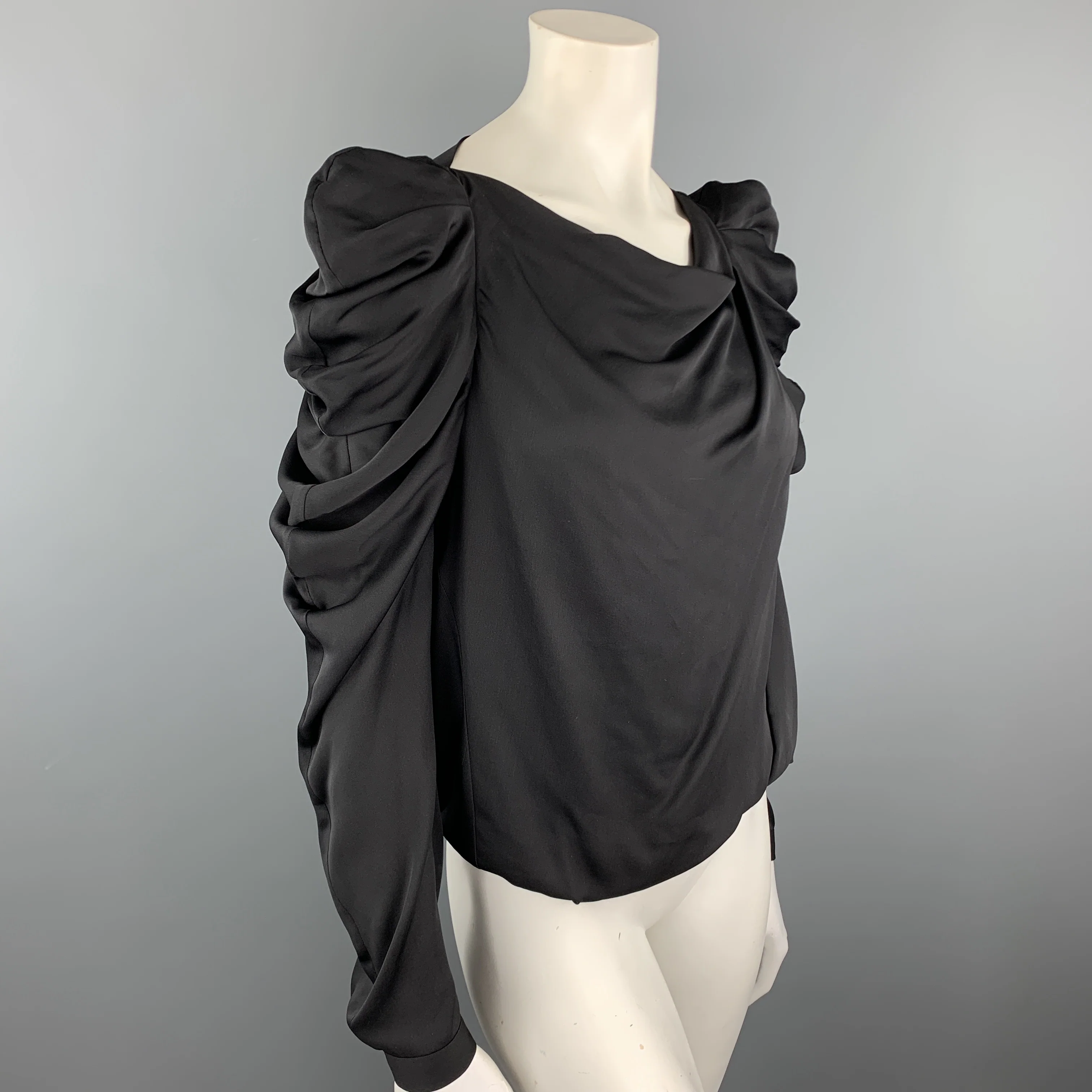 VIKTOR & ROLF Size 4 Black Draped Silk Ruffle Shoulder Blouse - Image 4