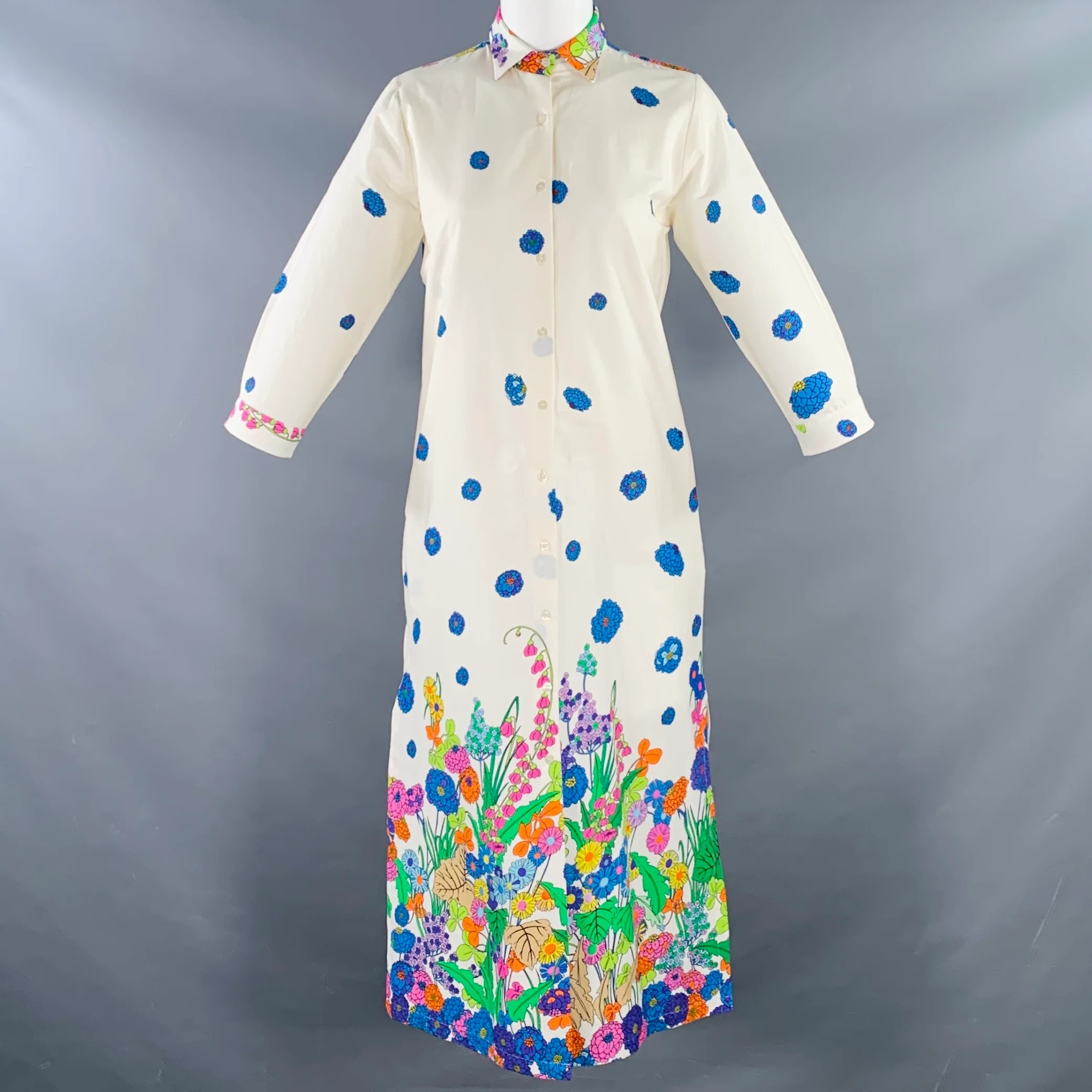 VILAGALLO Size XS Cream Multi Color Cotton Blend Floral Shirt Dress