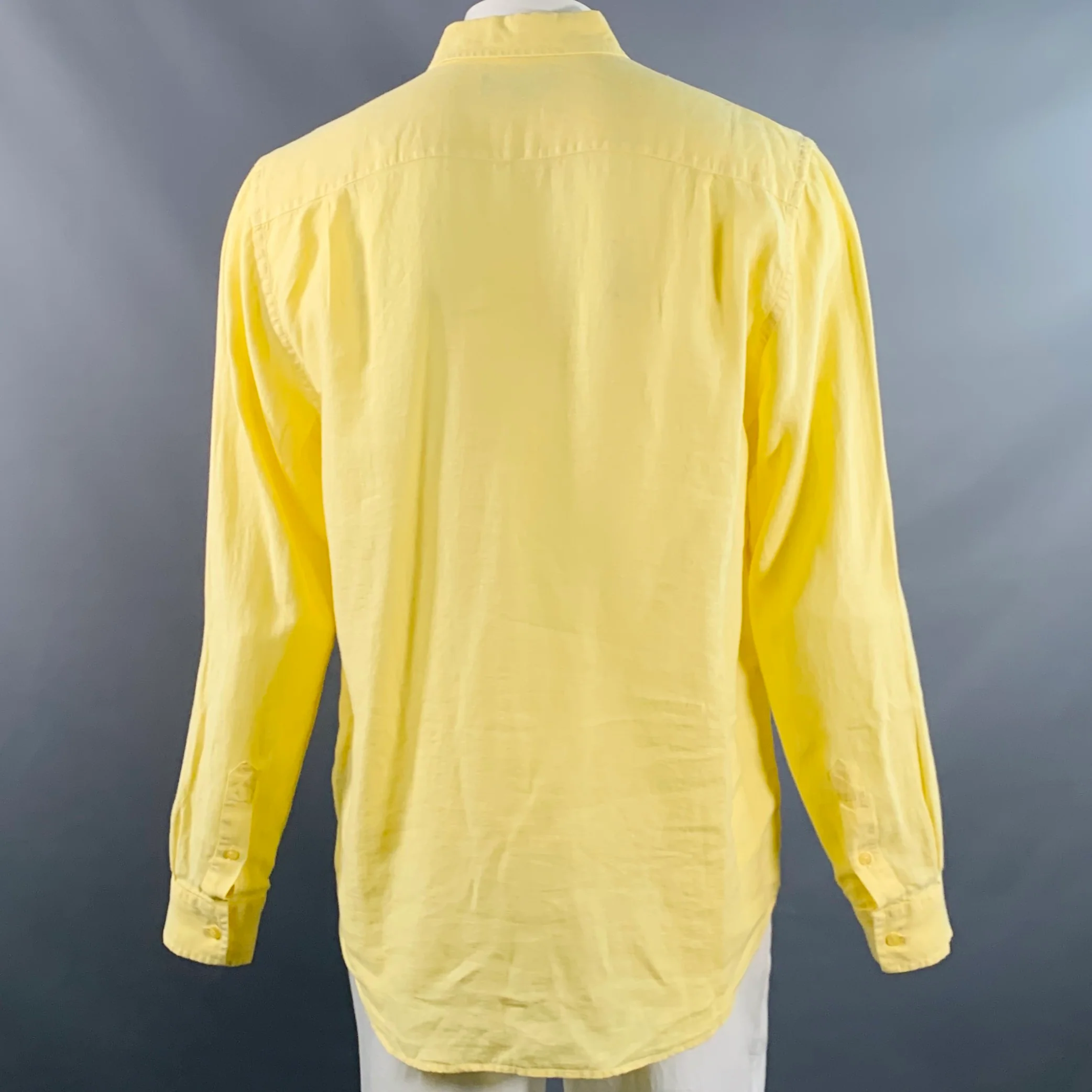 VILEBREQUIN Size XL Yellow Linen One Pocket Long Sleeve Shirt - Image 3