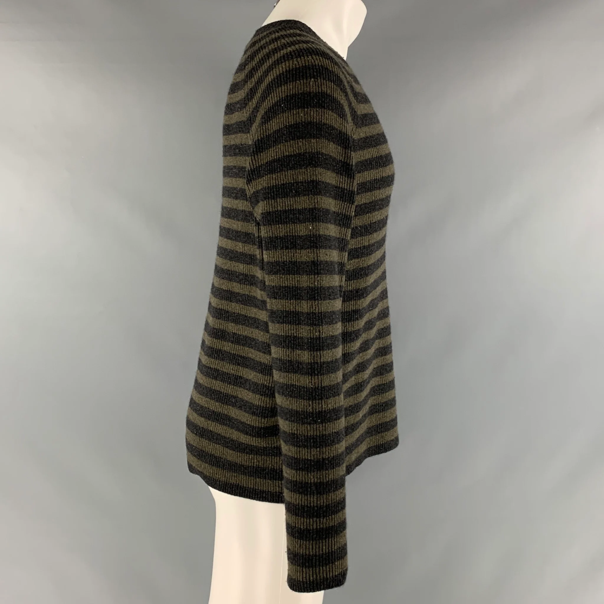 VINCE Size M Grey Olive Stripe Wool Cashmere Crew-Neck Pullover - Image 4