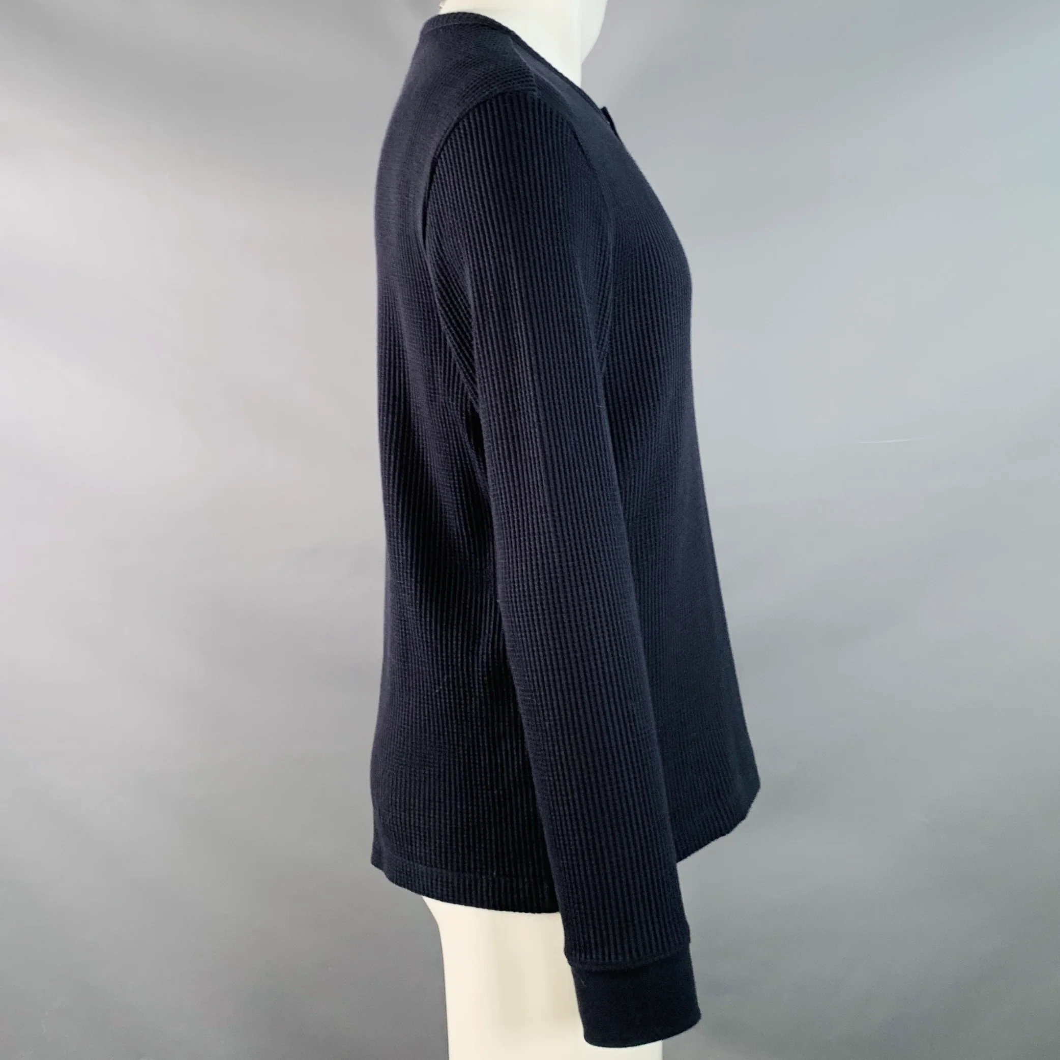VINCE Size S Navy Waffle Knit Cotton Blend Henley Pullover - Image 3