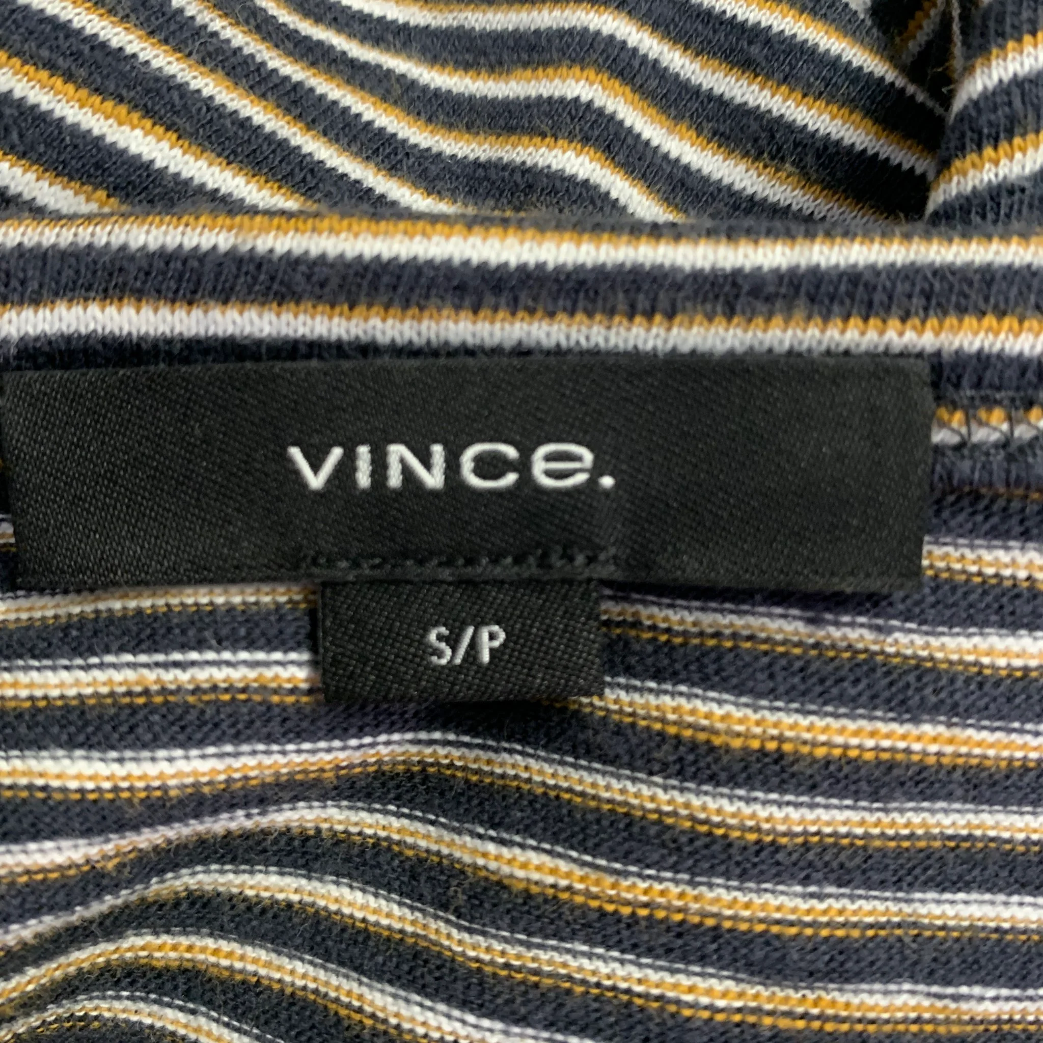 VINCE Size S Navy Yellow & White Stripe Cotton Open Collar Pullover - Image 5