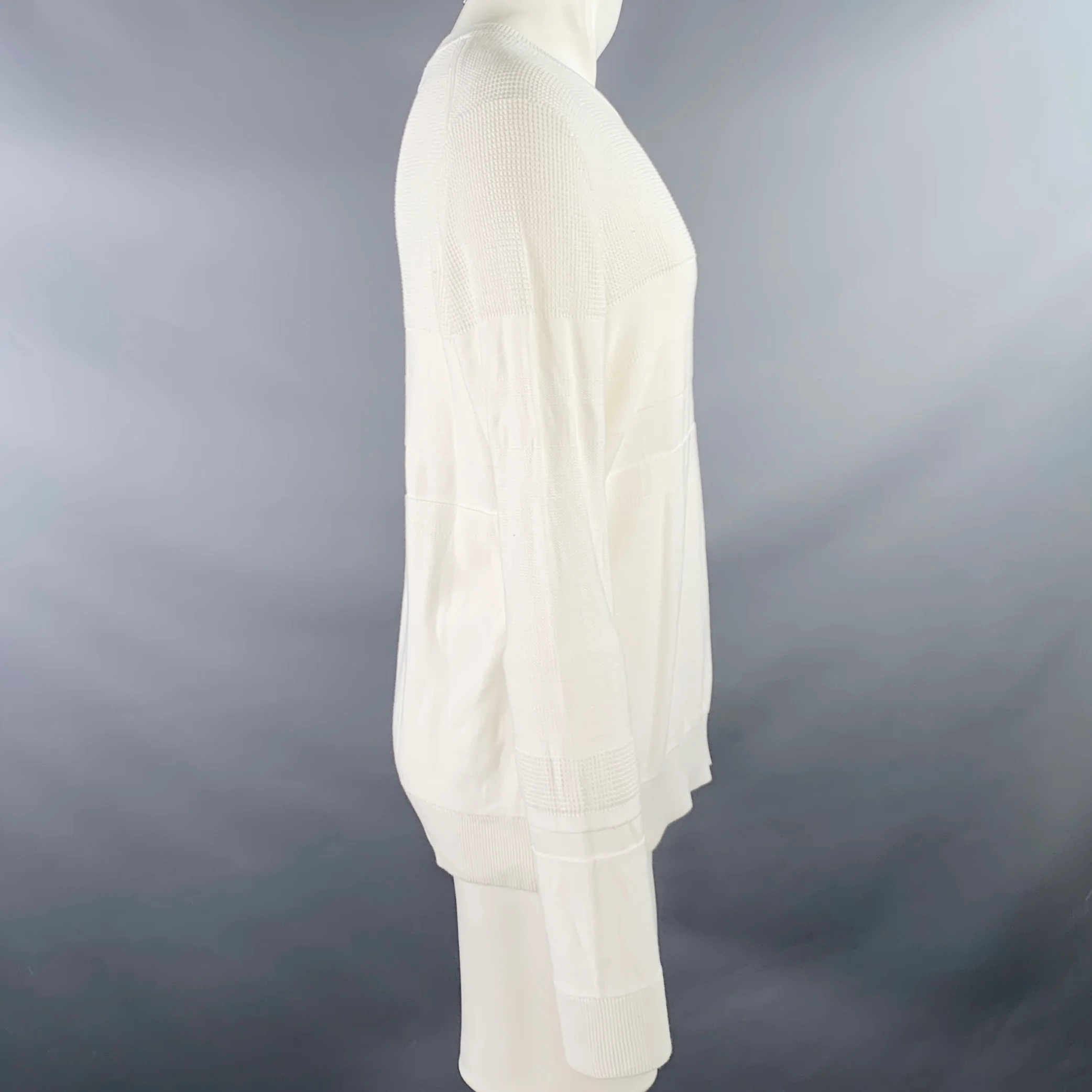 VINCE Size S White Waffle Knit Cotton Stripe Crew Neck Pullover - Image 3