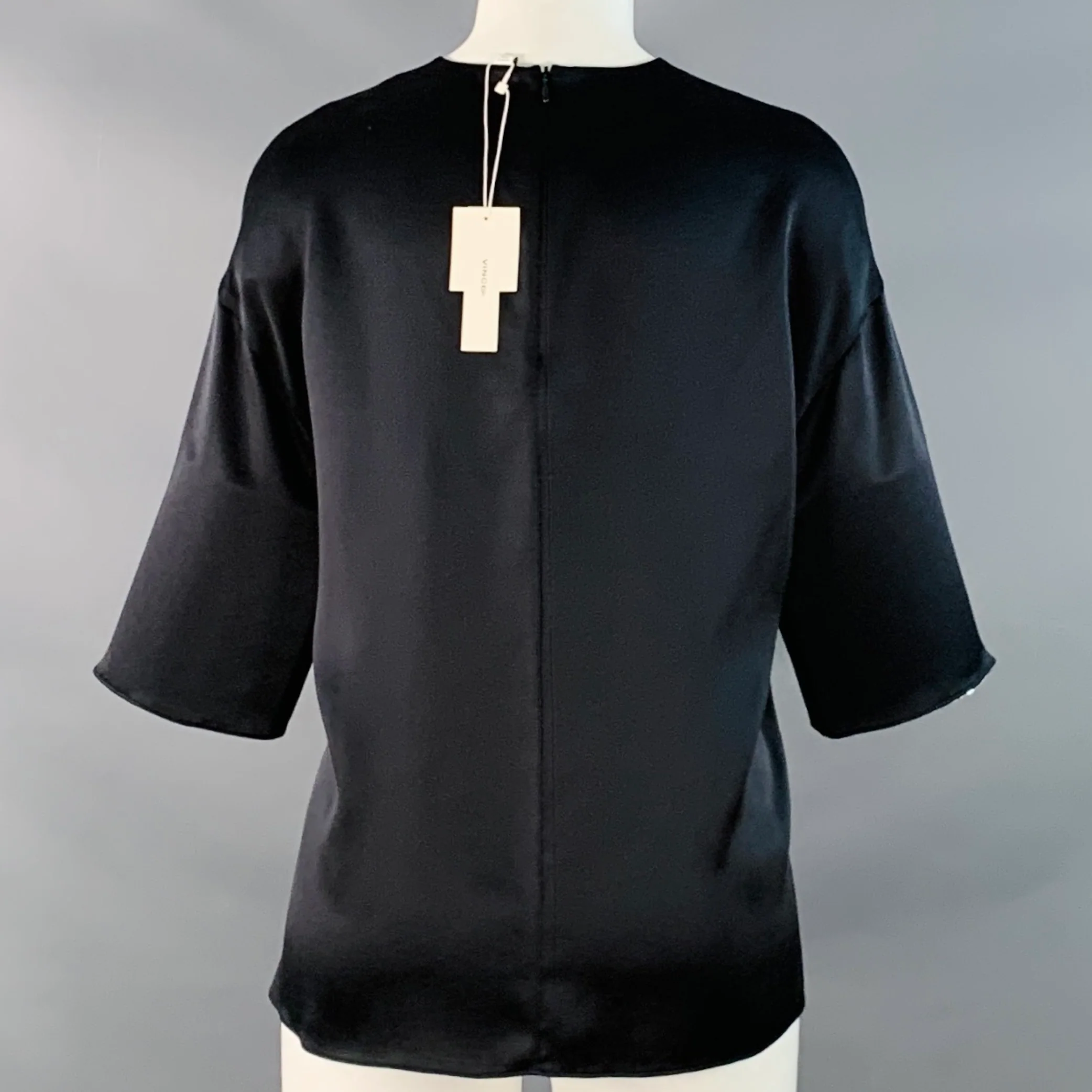 VINCE Size XS Black Silk Satin Short Sleeve Crew Neck Casual Top - Image 3