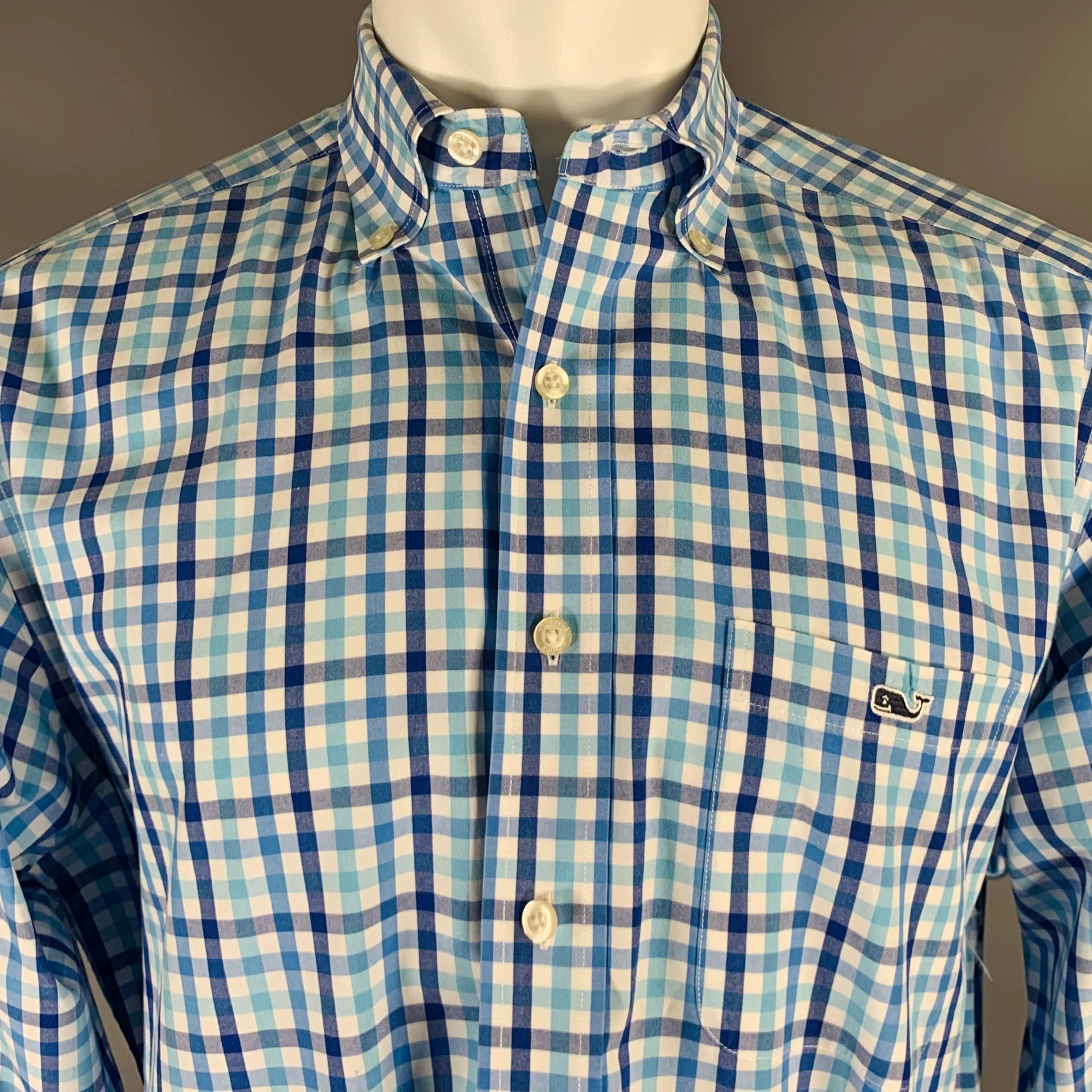 VINEYARD VINES Size M Blue White Checkered Cotton One pocket Long Sleeve Shirt - Image 2