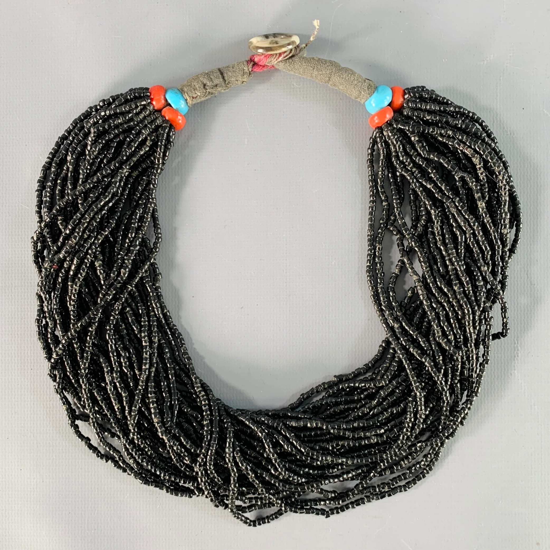 VINTAGE Black Red Blue Beaded Single Button Necklace