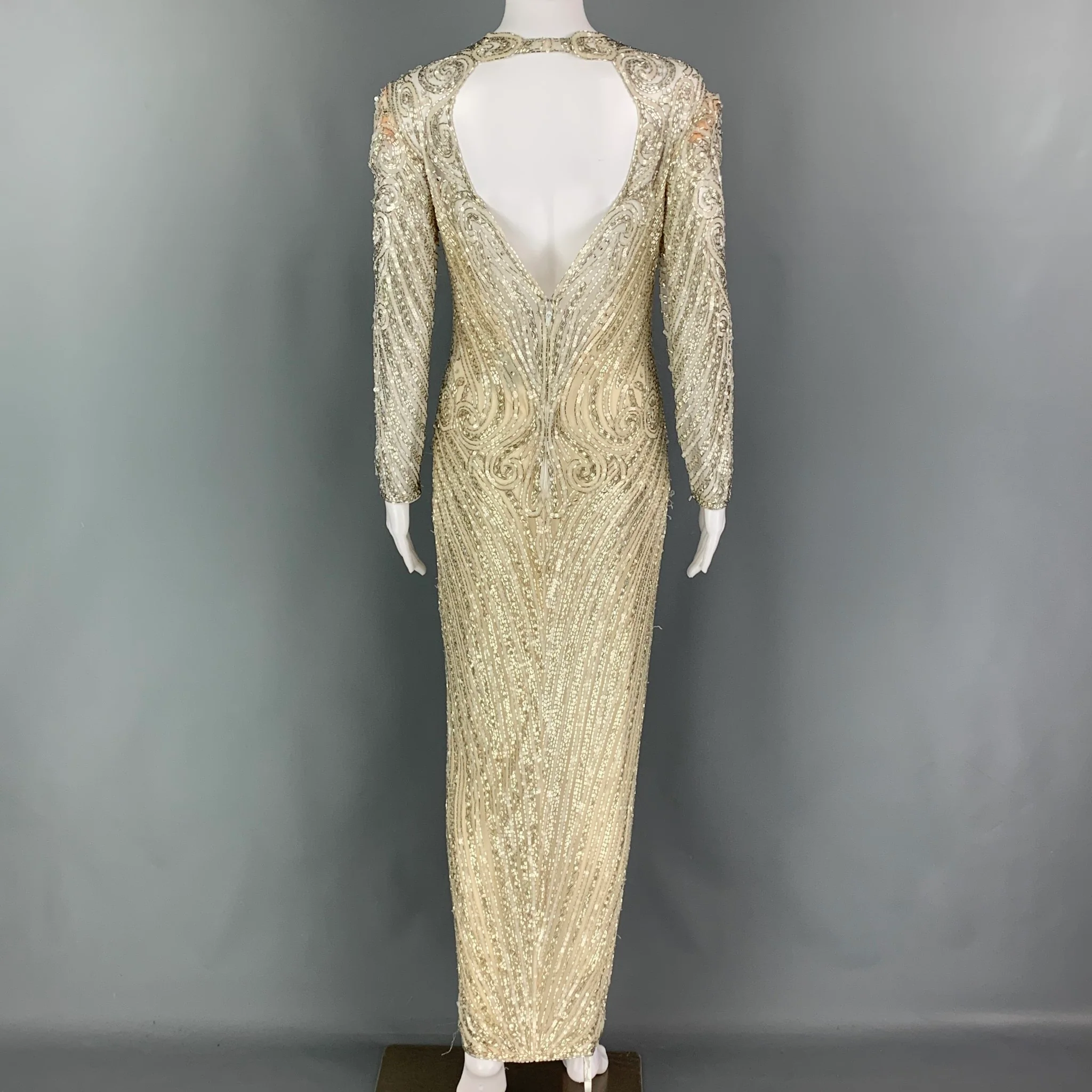Vintage BOB MACKIE Size 6 Cream Silver Silk Beaded Long Sleeve Dress - Image 4
