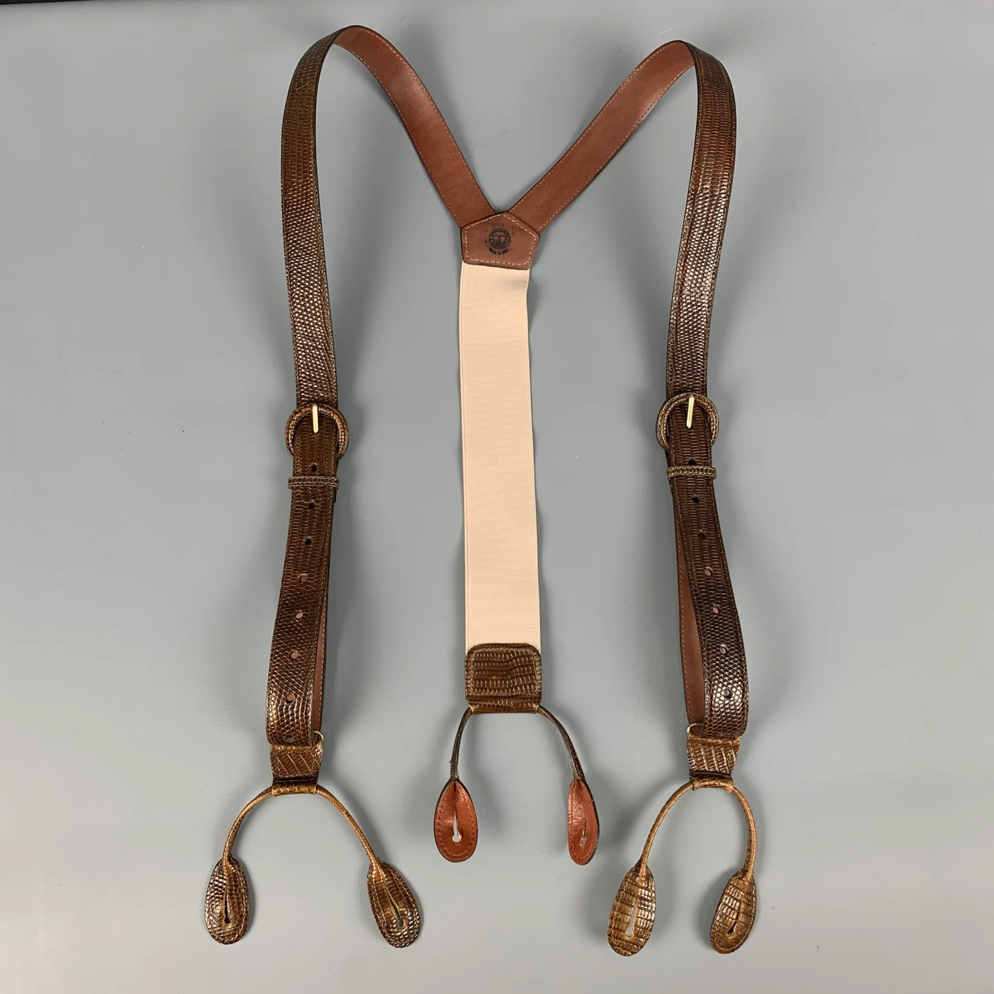 VINTAGE Brown Embossed Leather Suspenders