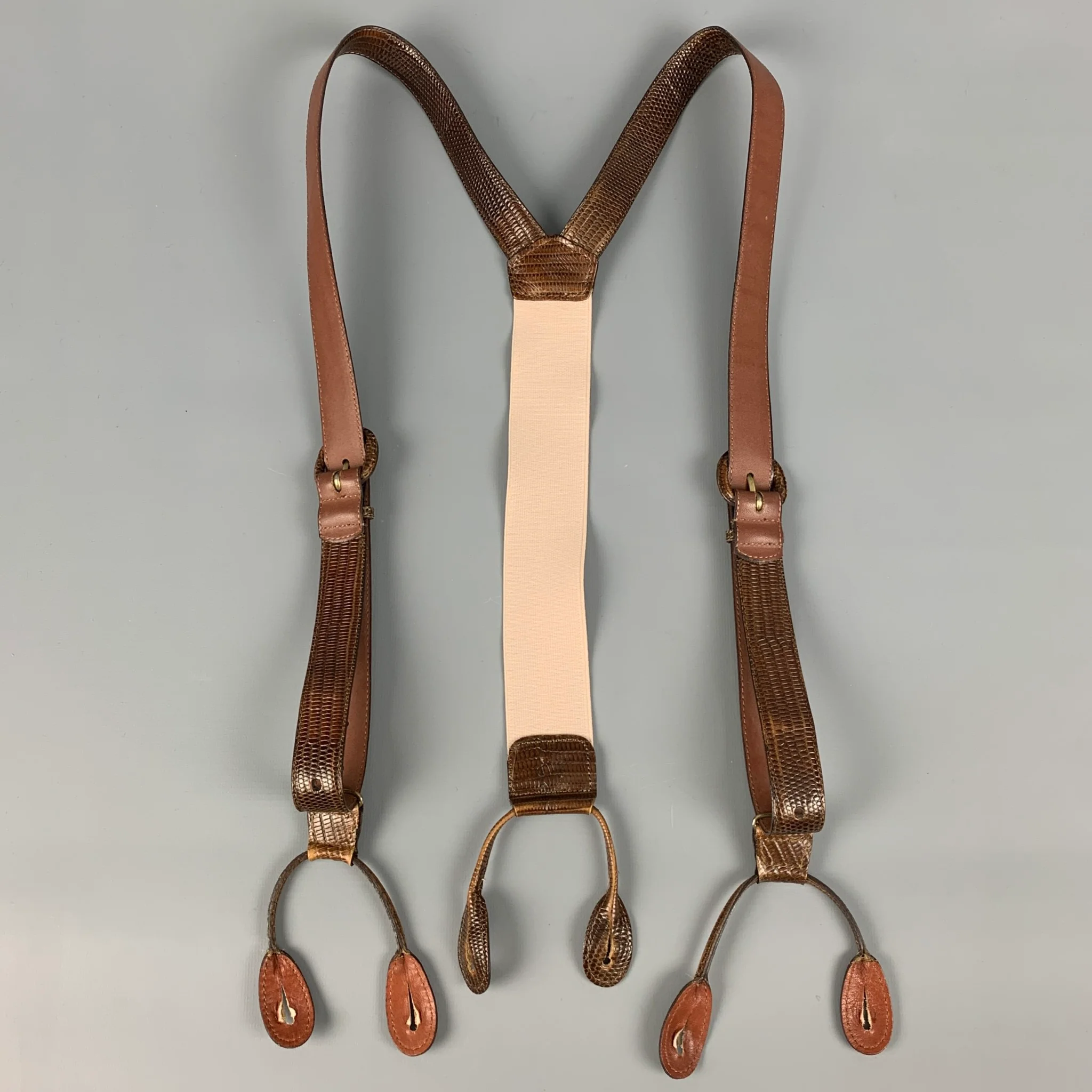 VINTAGE Brown Embossed Leather Suspenders - Image 3