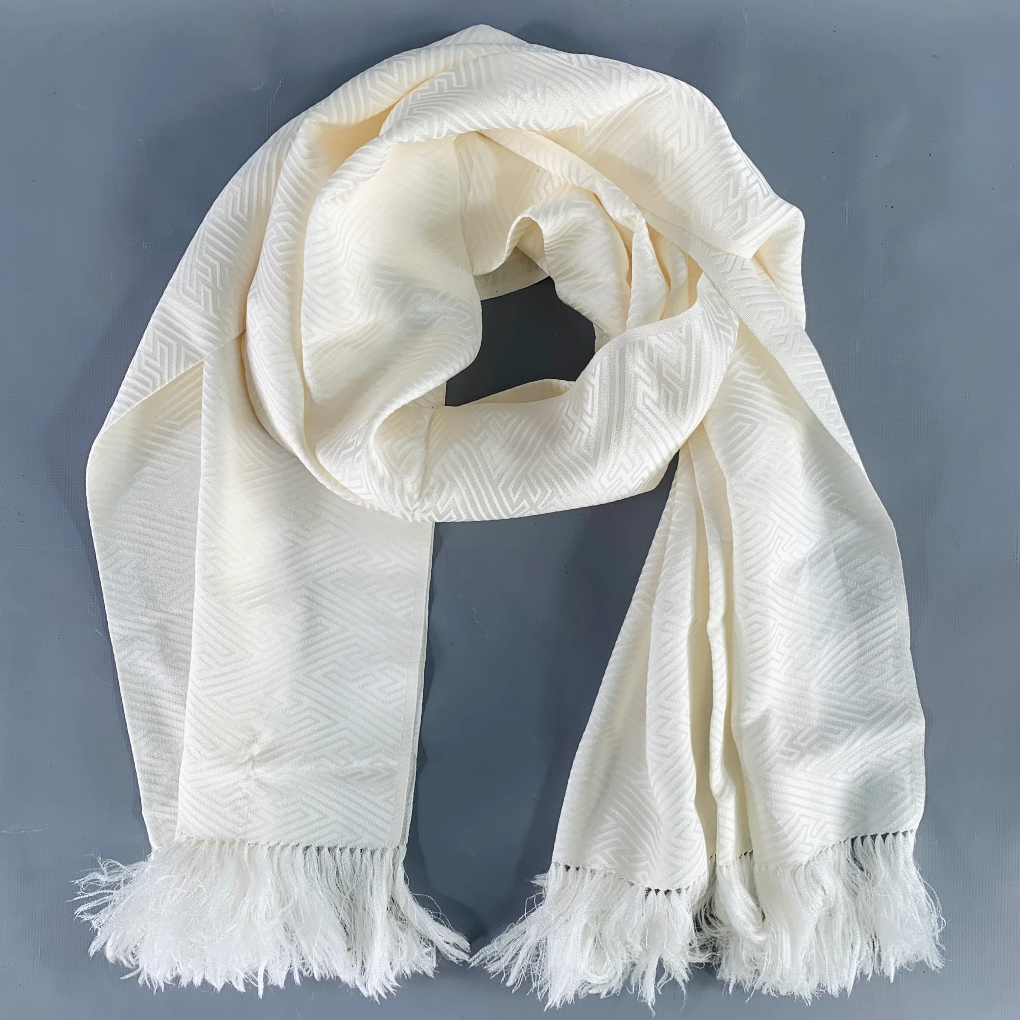VINTAGE Cream Silk Jacquard Geometric Fringe Scarf