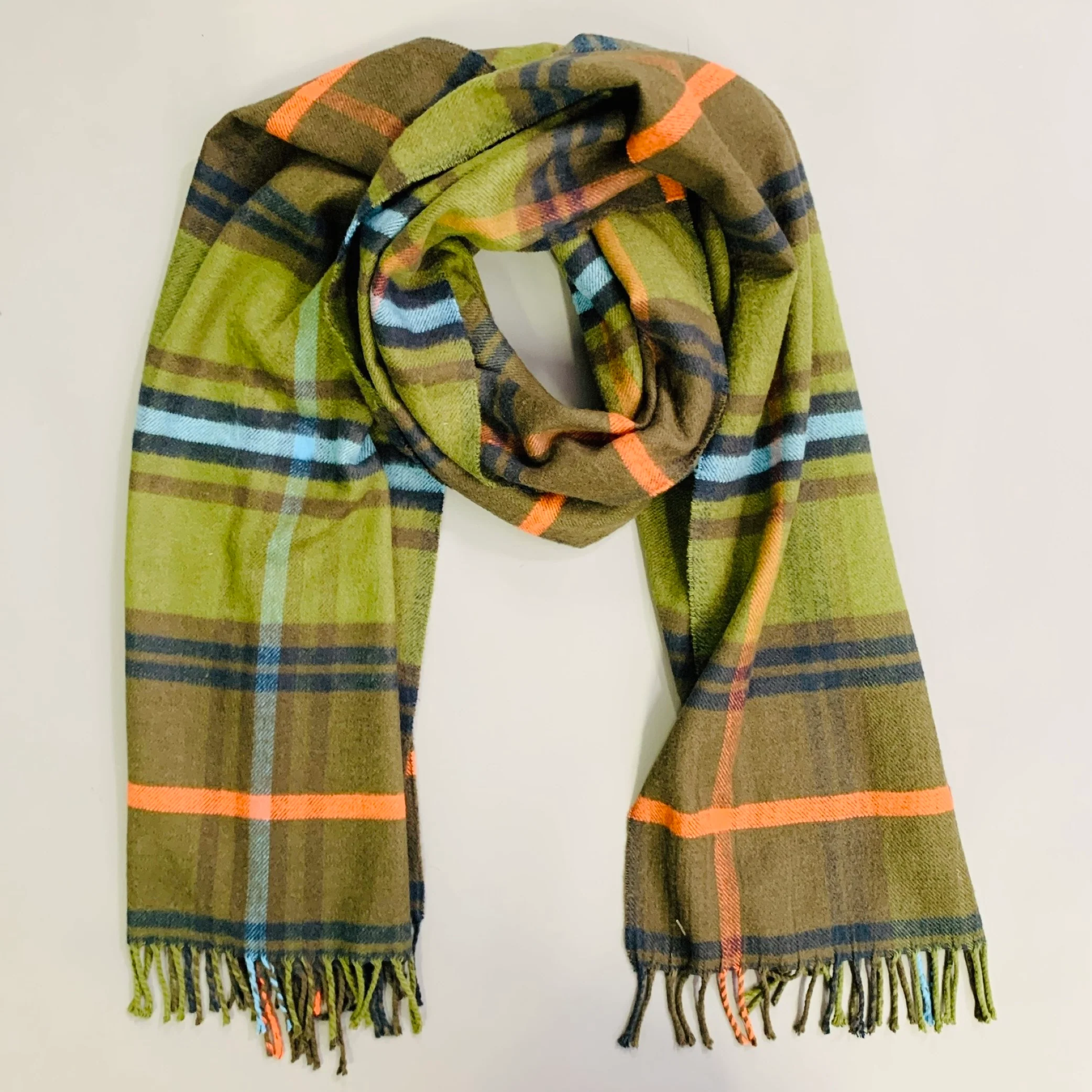 VINTAGE Green Orange Plaid Cashmere Fringe Scarf