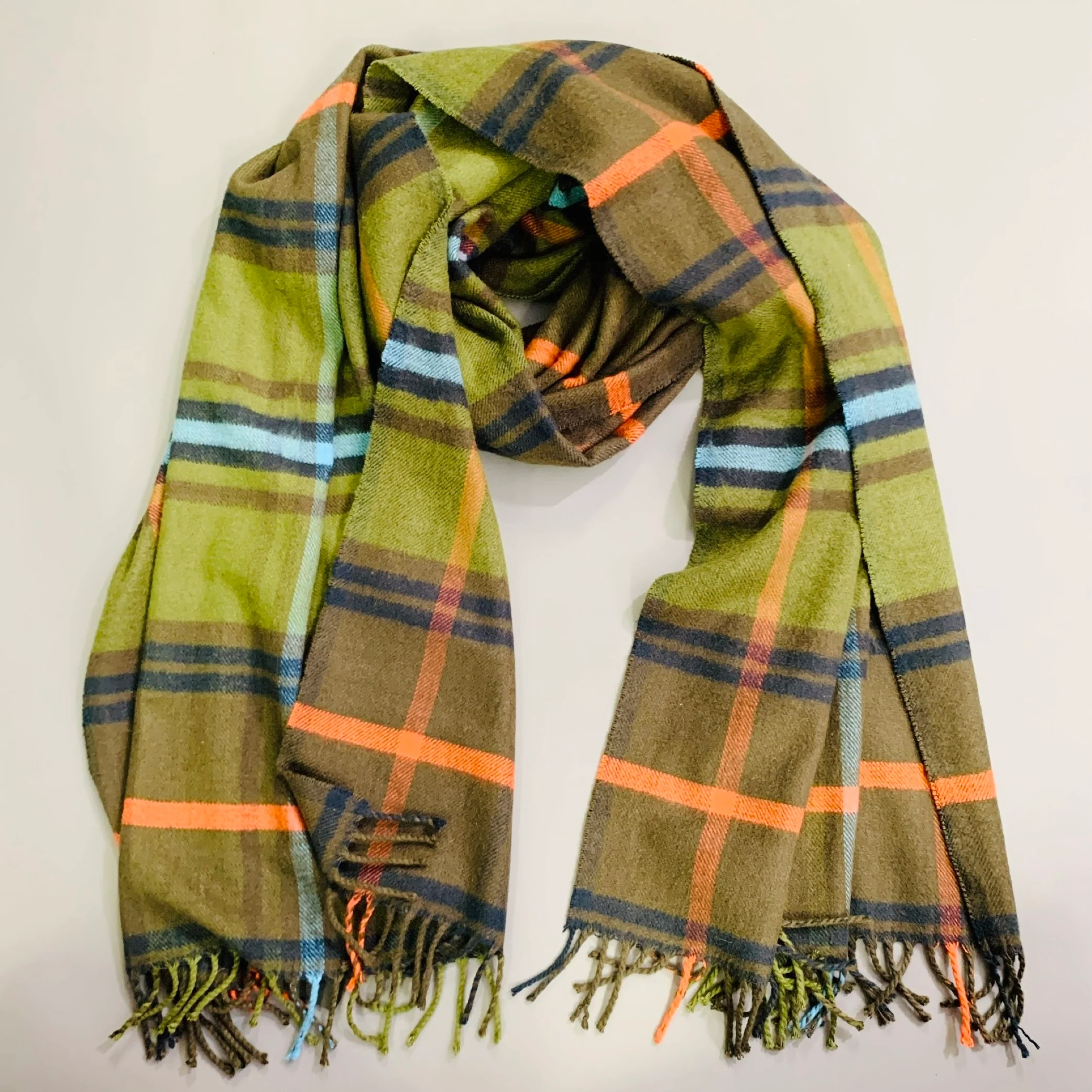 VINTAGE Green Orange Plaid Cashmere Fringe Scarf - Image 2