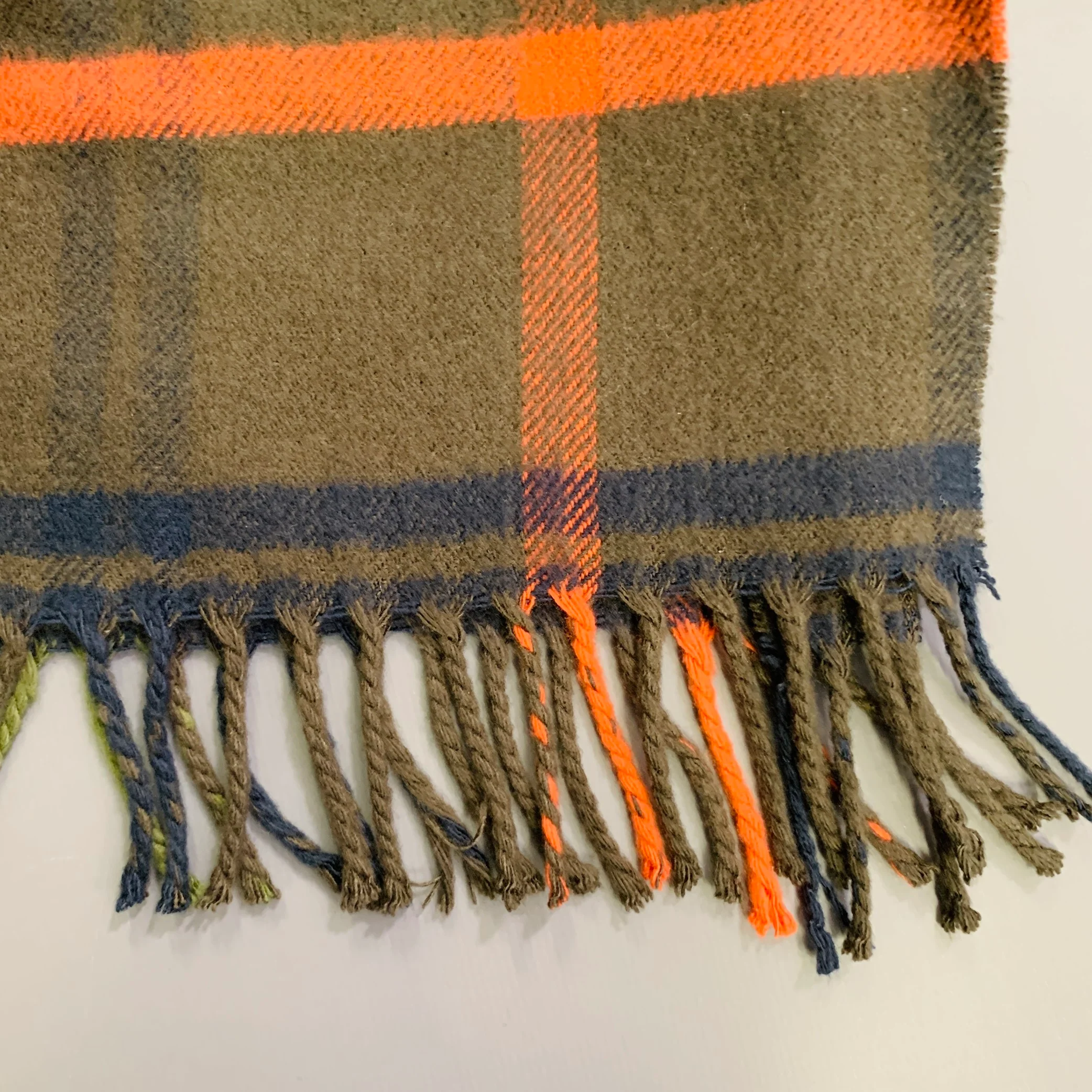 VINTAGE Green Orange Plaid Cashmere Fringe Scarf - Image 3