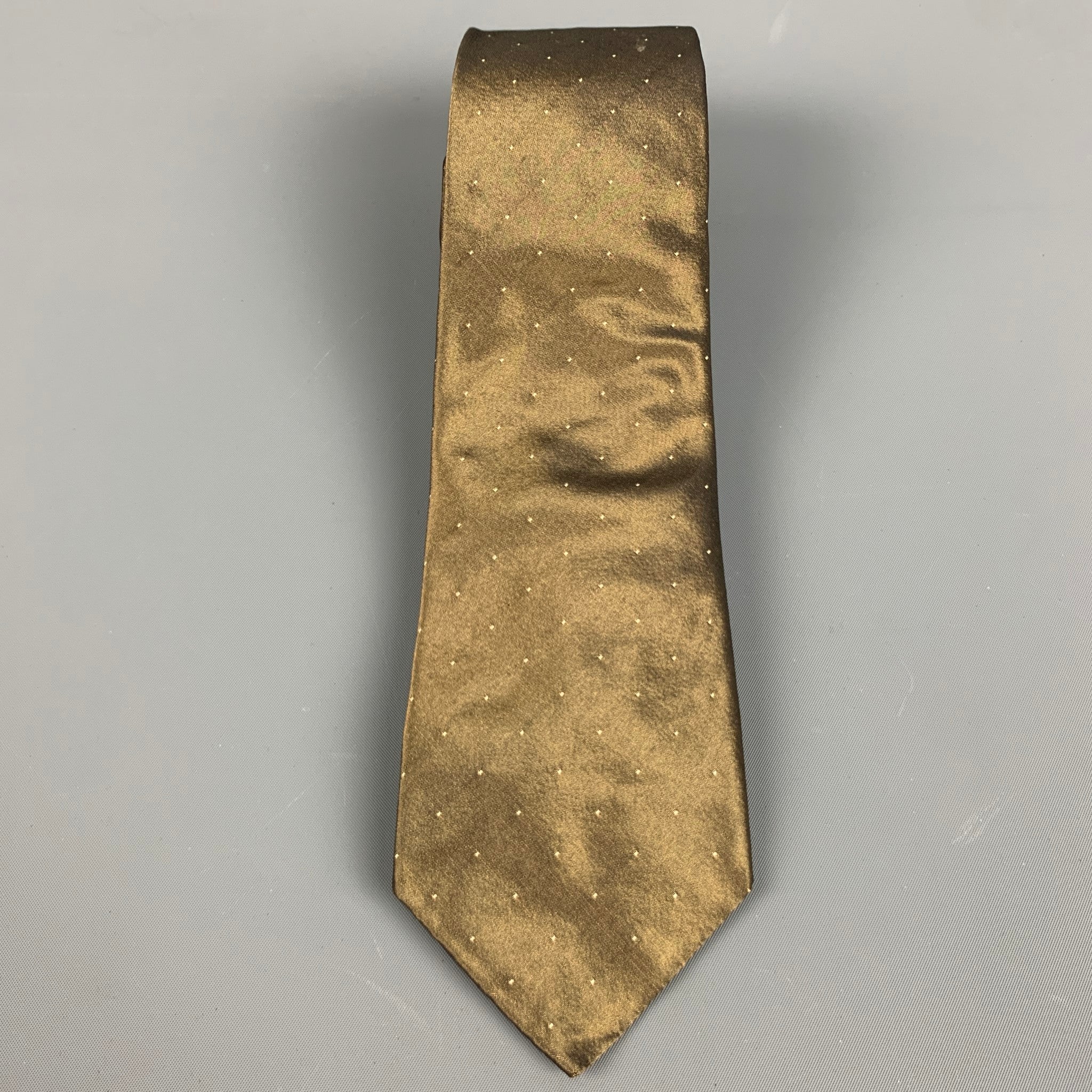 VINTAGE Khaki Cream Dots Silk Tie - Image 2