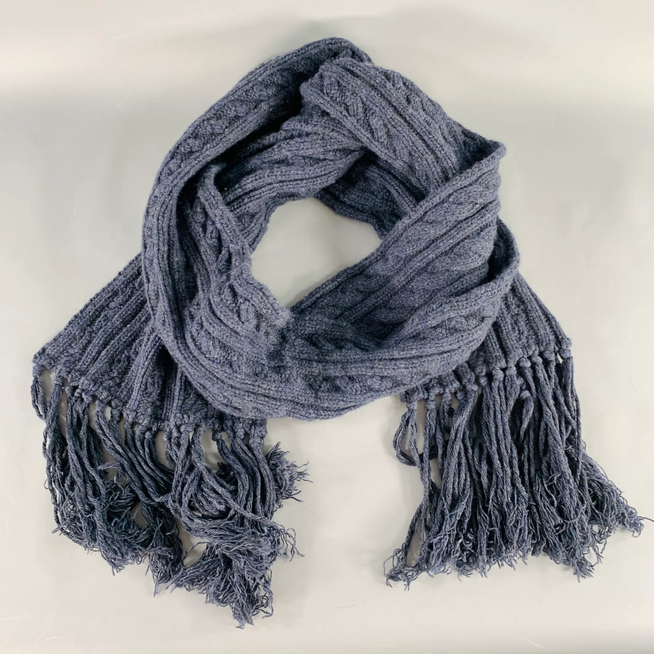 VINTAGE Navy Cable Knit Fringe Scarf