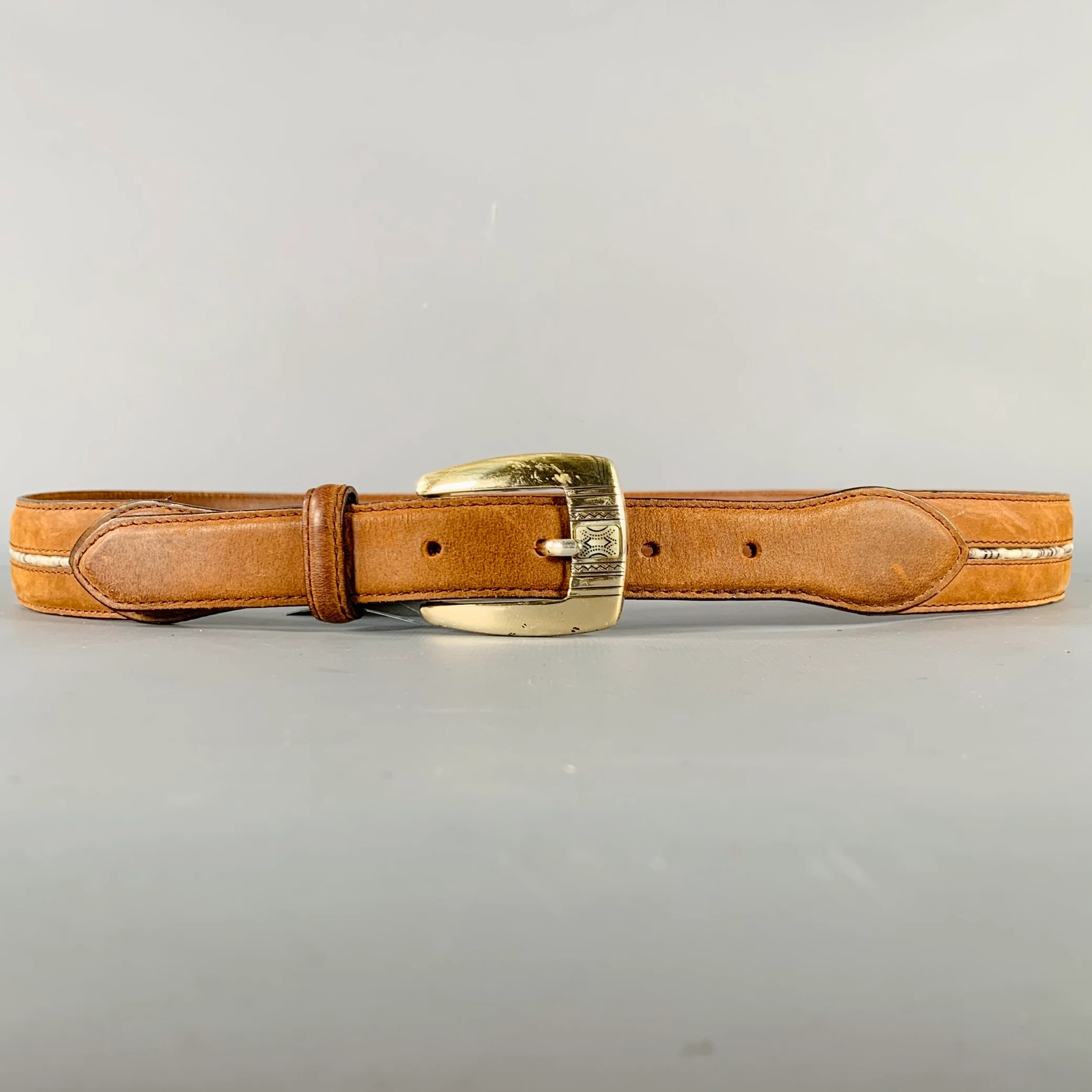 VINTAGE Size 38 Brown White Beaded Leather Belt