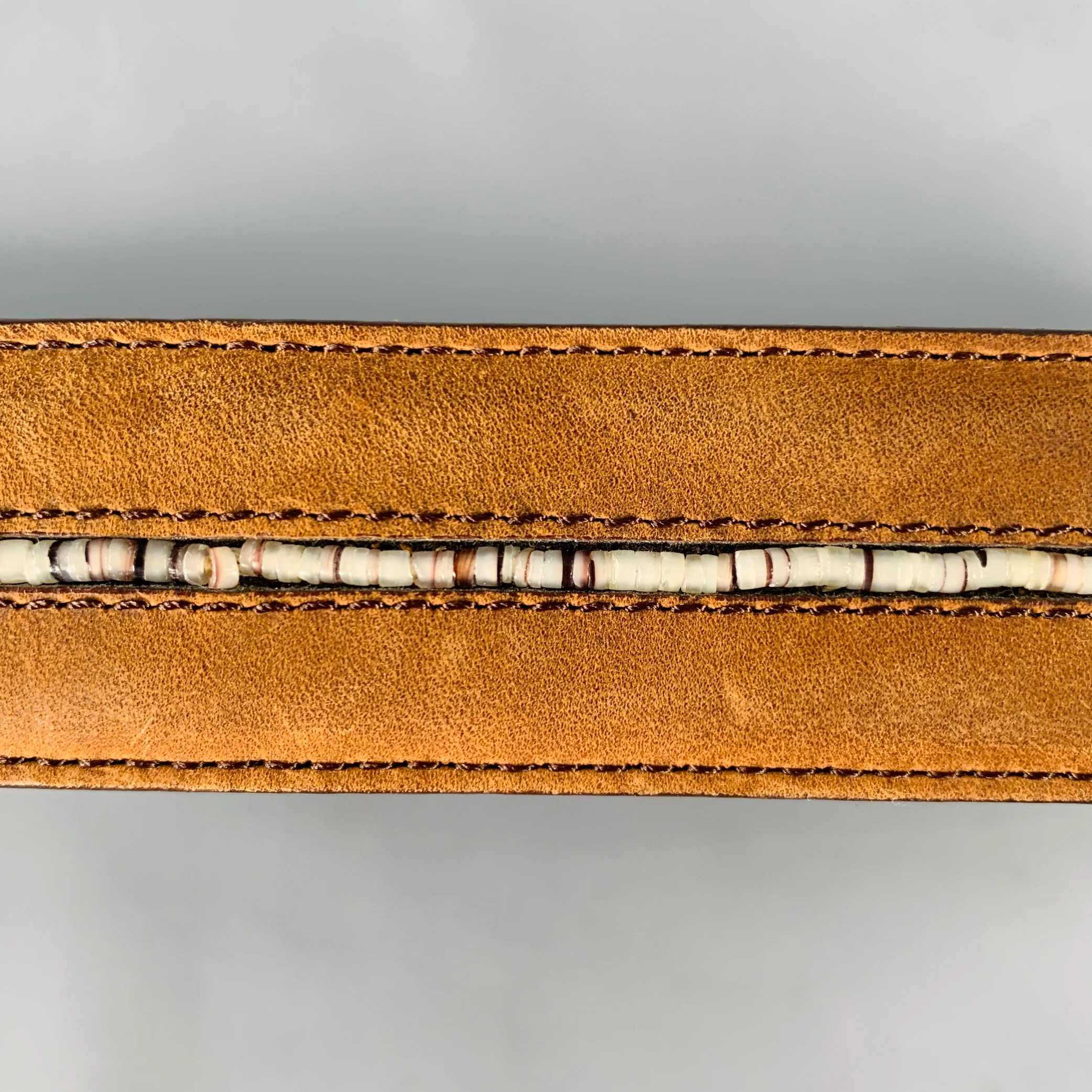 VINTAGE Size 38 Brown White Beaded Leather Belt - Image 6