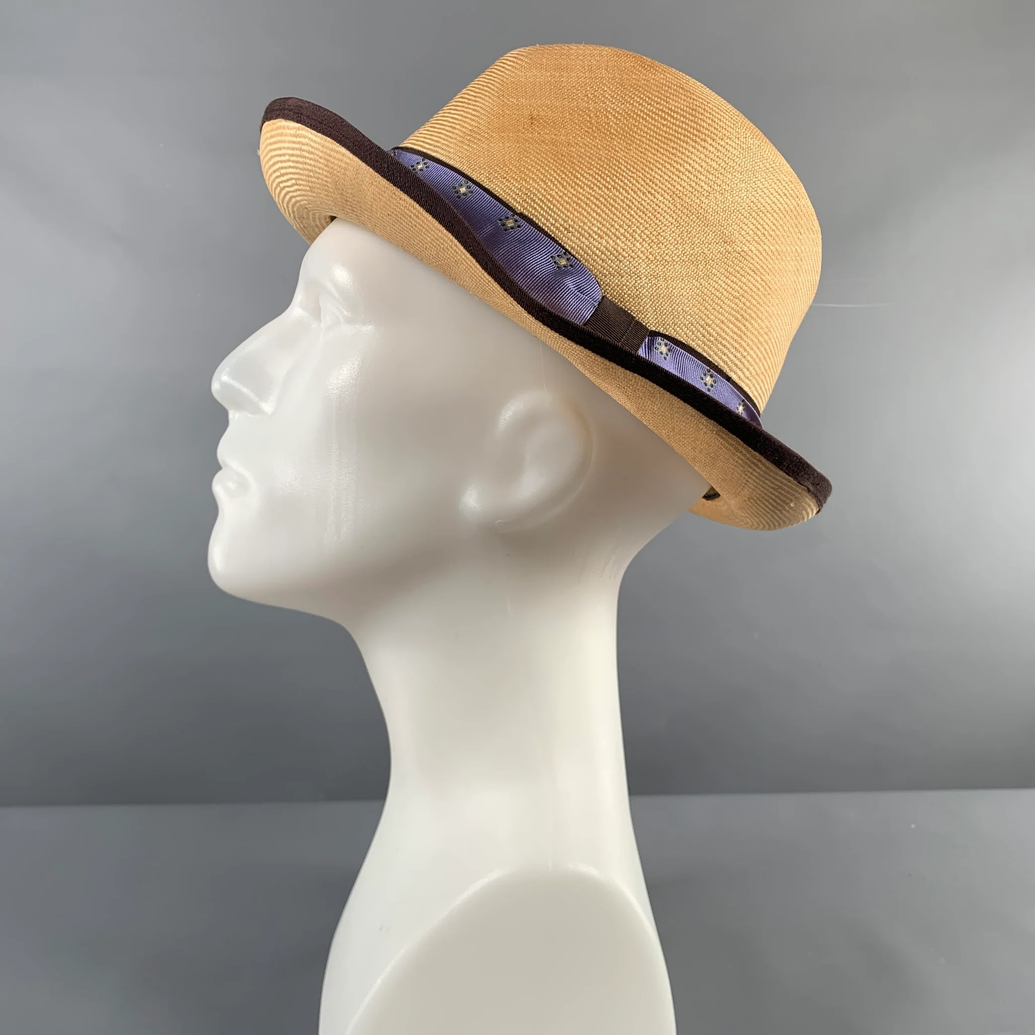 VINTAGE Size 7 3/8 Beige Purple Woven Silk Straw Hats - Image 5