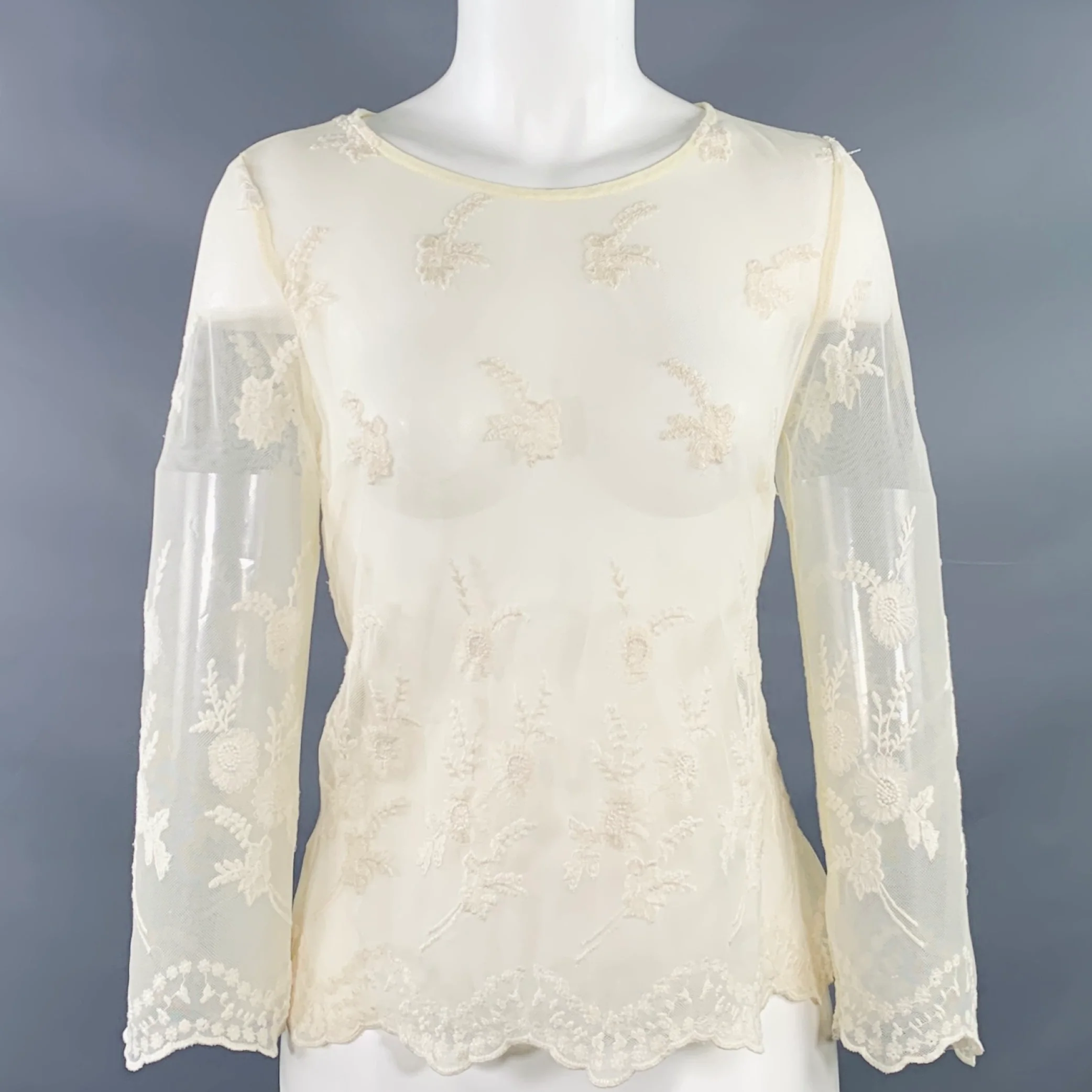 VINTAGE Size M Cream Embroidered Lace 3/4 Sleeves Blouse