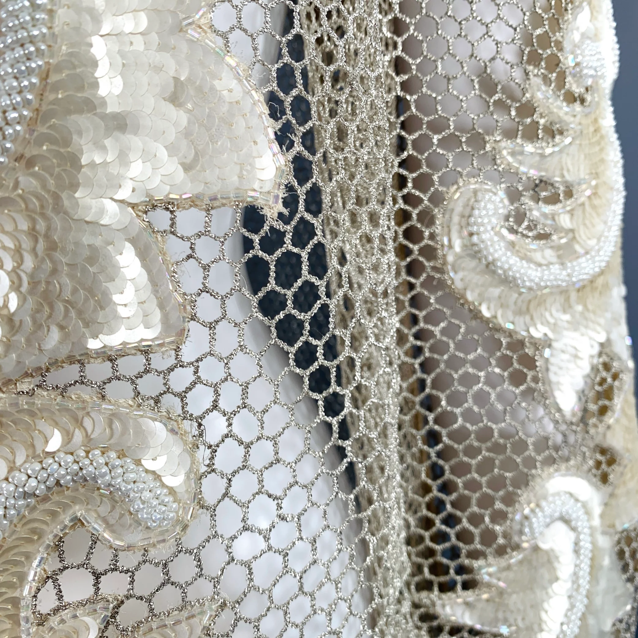 VINTAGE Size M Cream Silver Mesh Beaded Sequins Open Front Jacket - Image 3