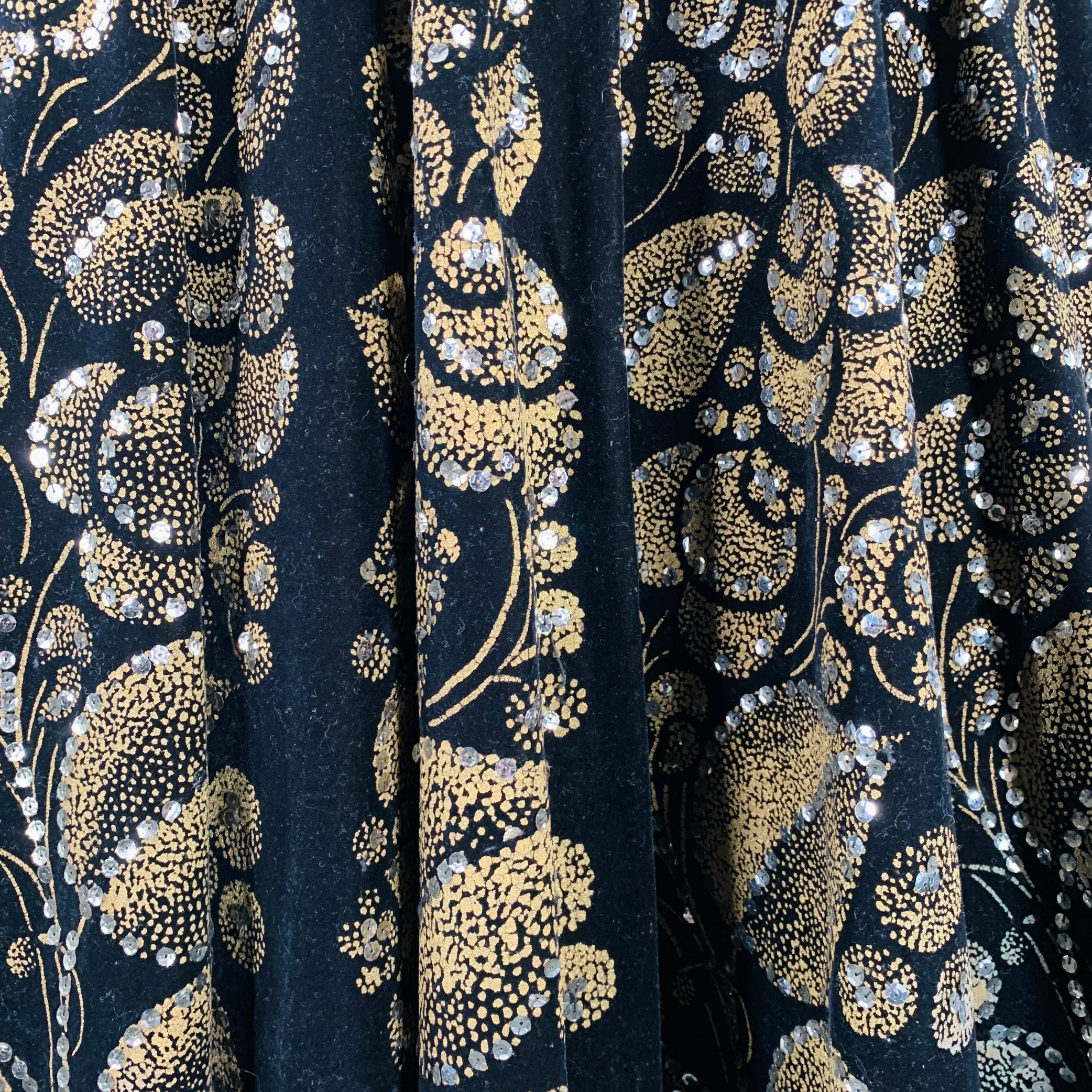 VINTAGE Size S Black Gold Velvet A-Line Midi Skirt - Image 2