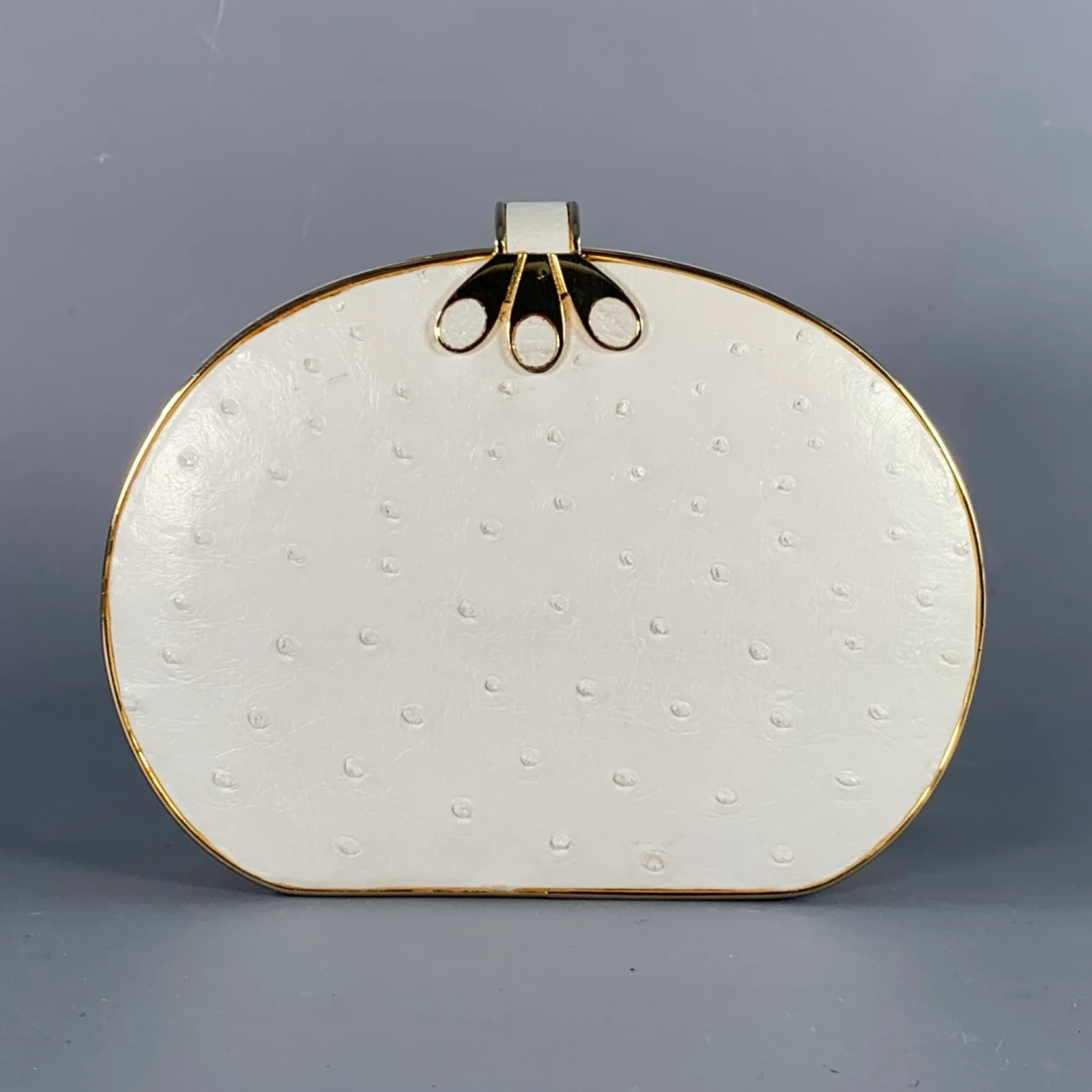 VINTAGE White Gold Ostrich Leather Round Clutch