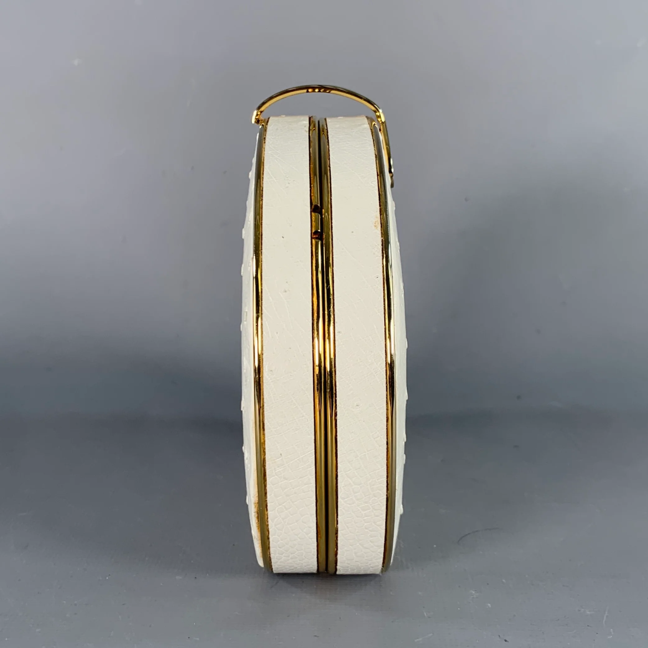VINTAGE White Gold Ostrich Leather Round Clutch - Image 2