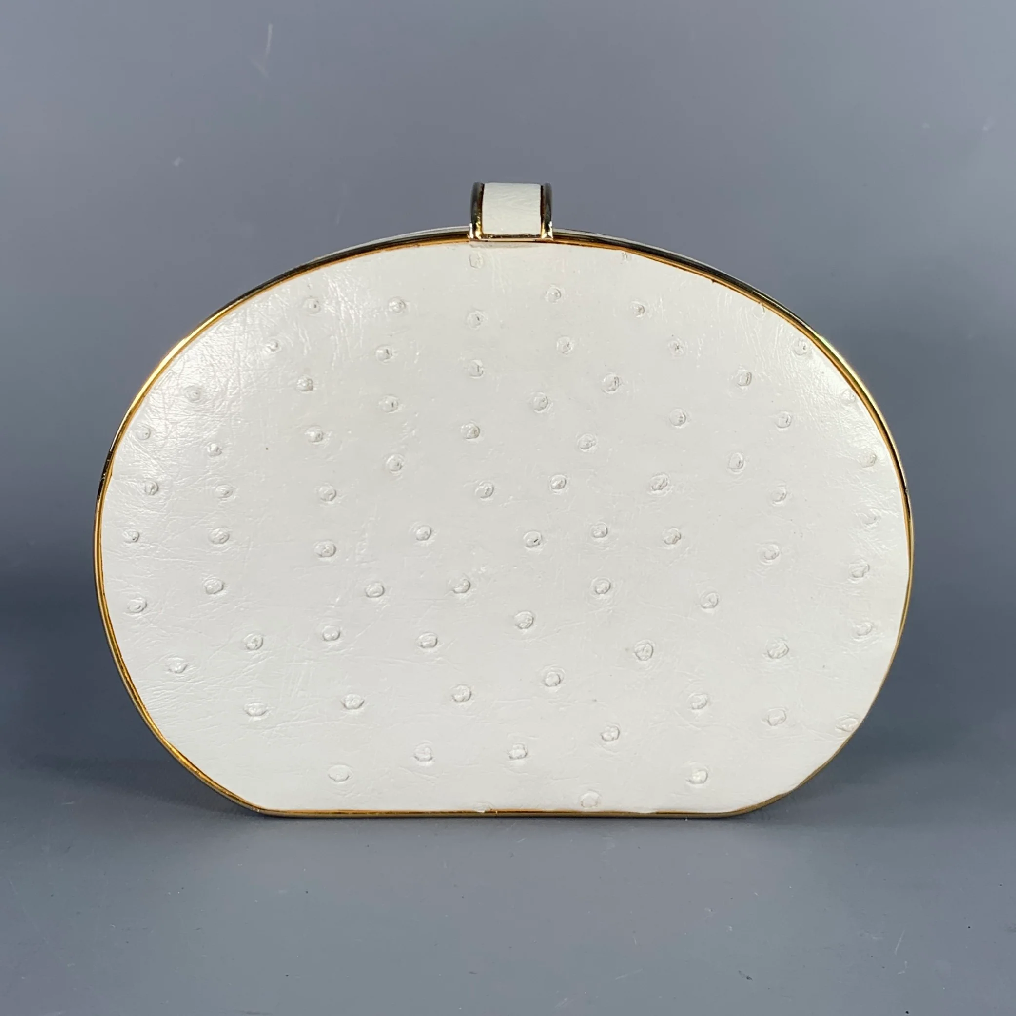 VINTAGE White Gold Ostrich Leather Round Clutch - Image 3