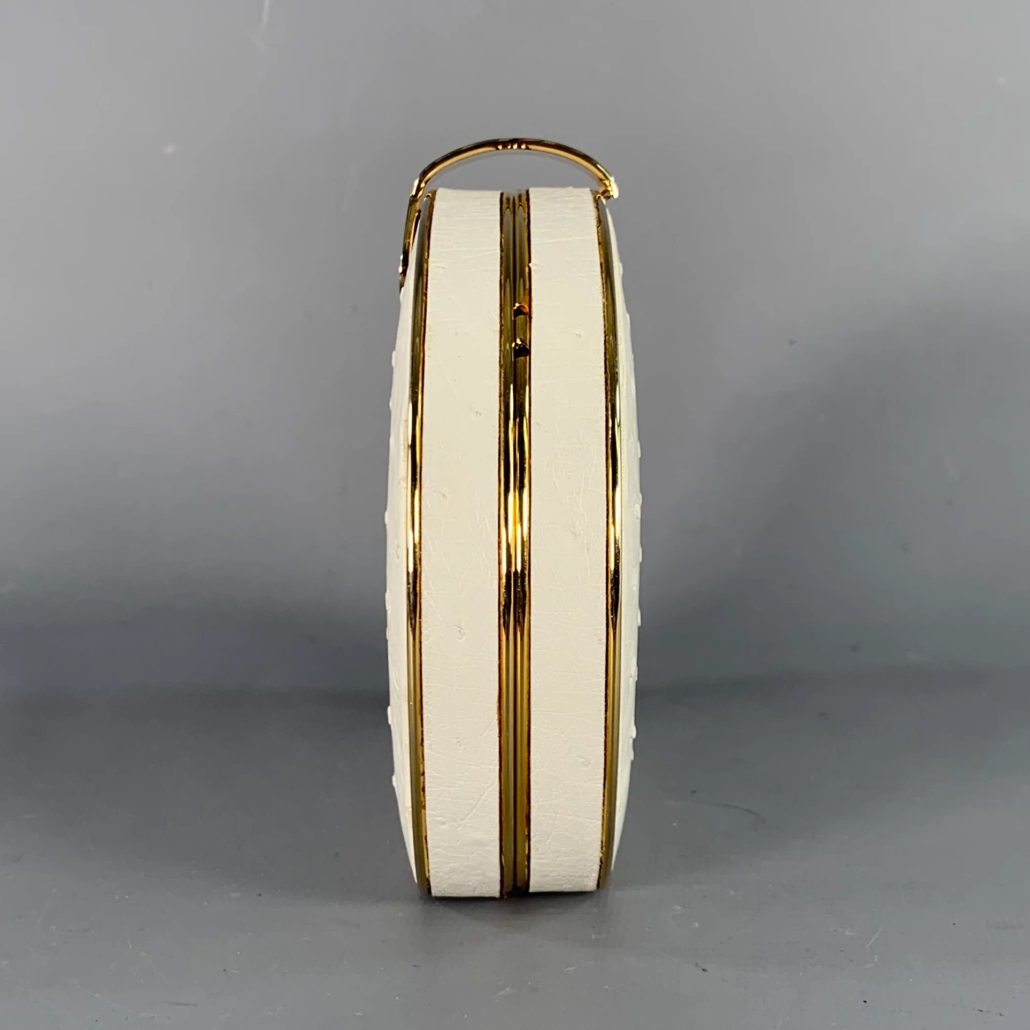 VINTAGE White Gold Ostrich Leather Round Clutch - Image 4