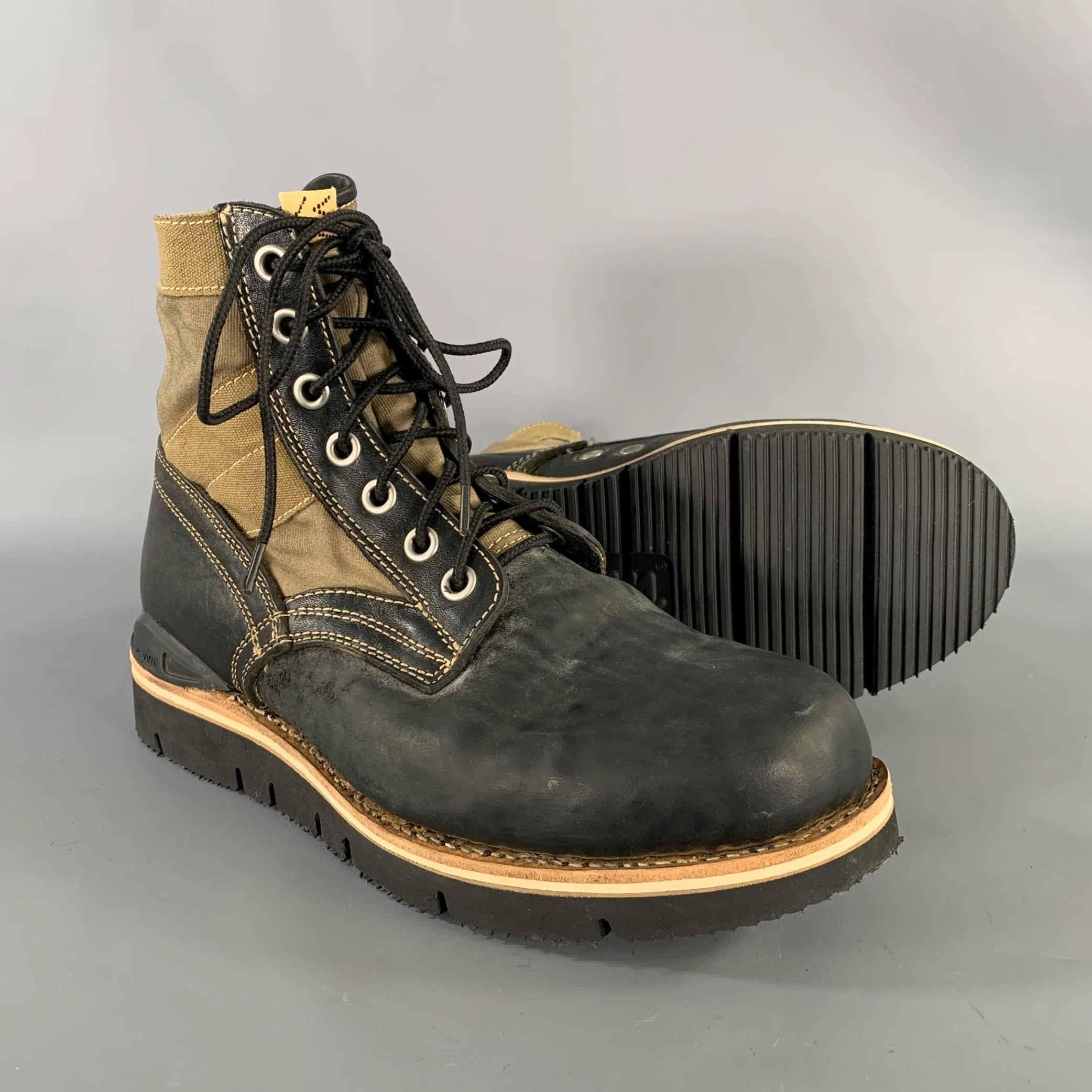 VISVIM Size 9.5 Black Olive Distressed Leather Canvas Lace Up Boots - Image 4