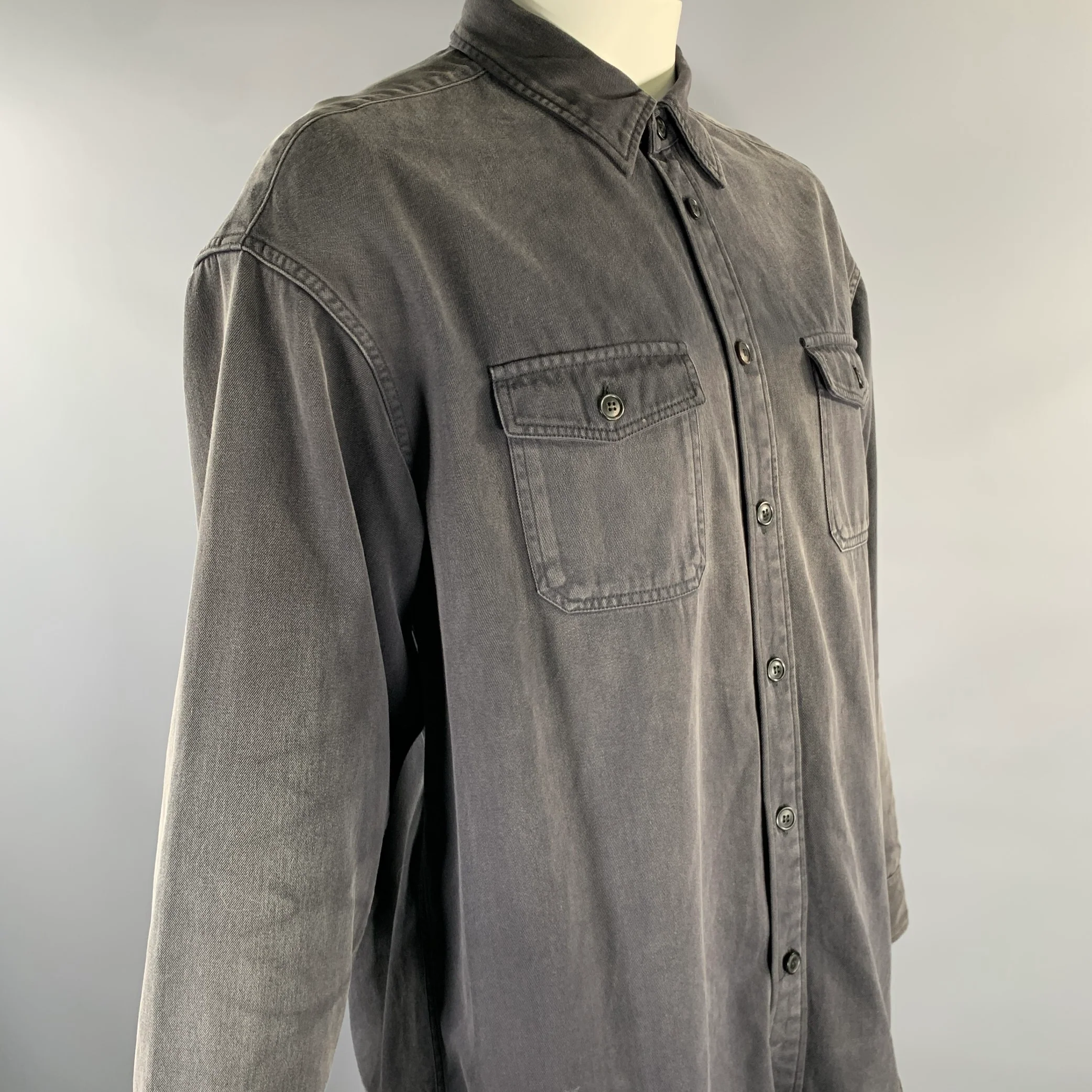 VISVIM Size L Black Wash Cotton Patch Pockets Long Sleeve Shirt - Image 2
